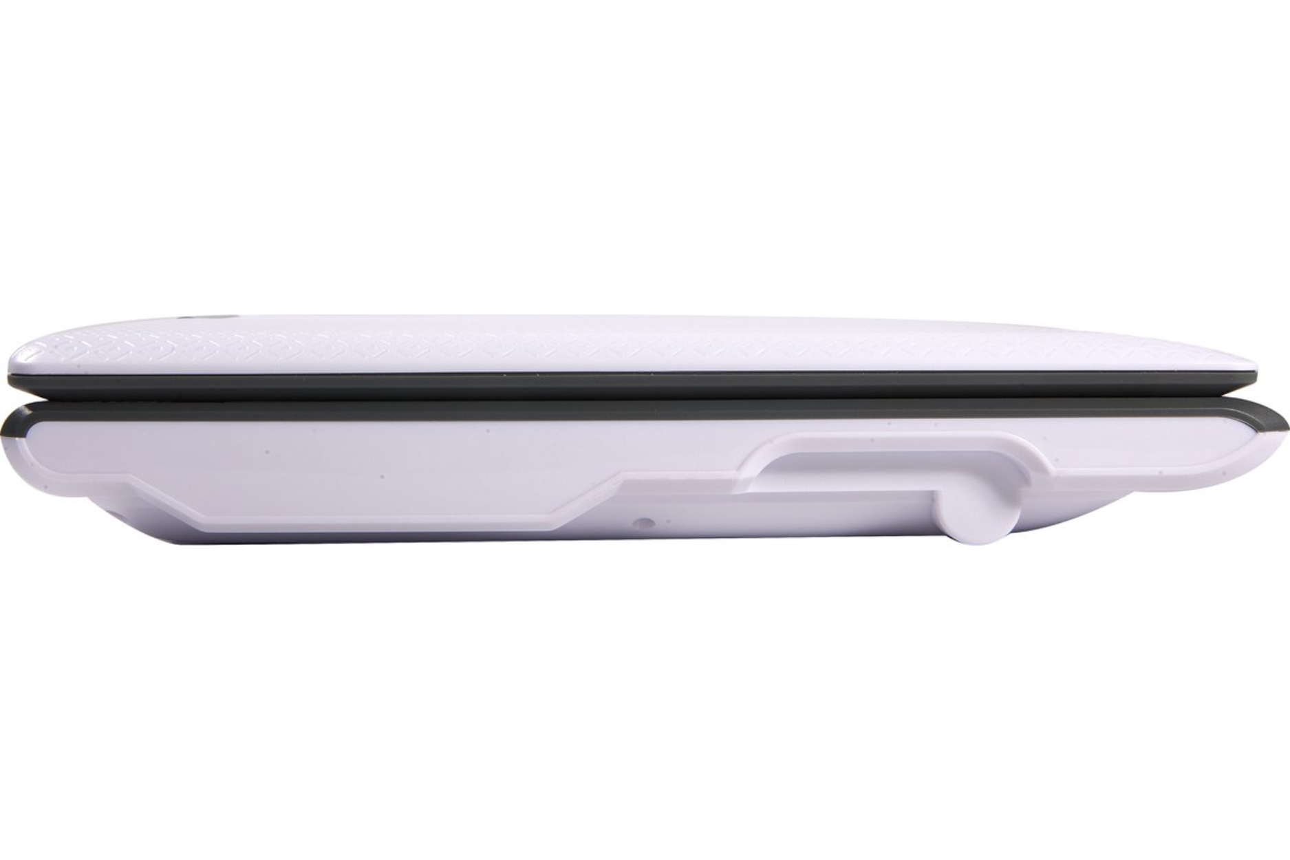 Appareil électronique blanc, peut-être une balance, vue de côté. Fond blanc.