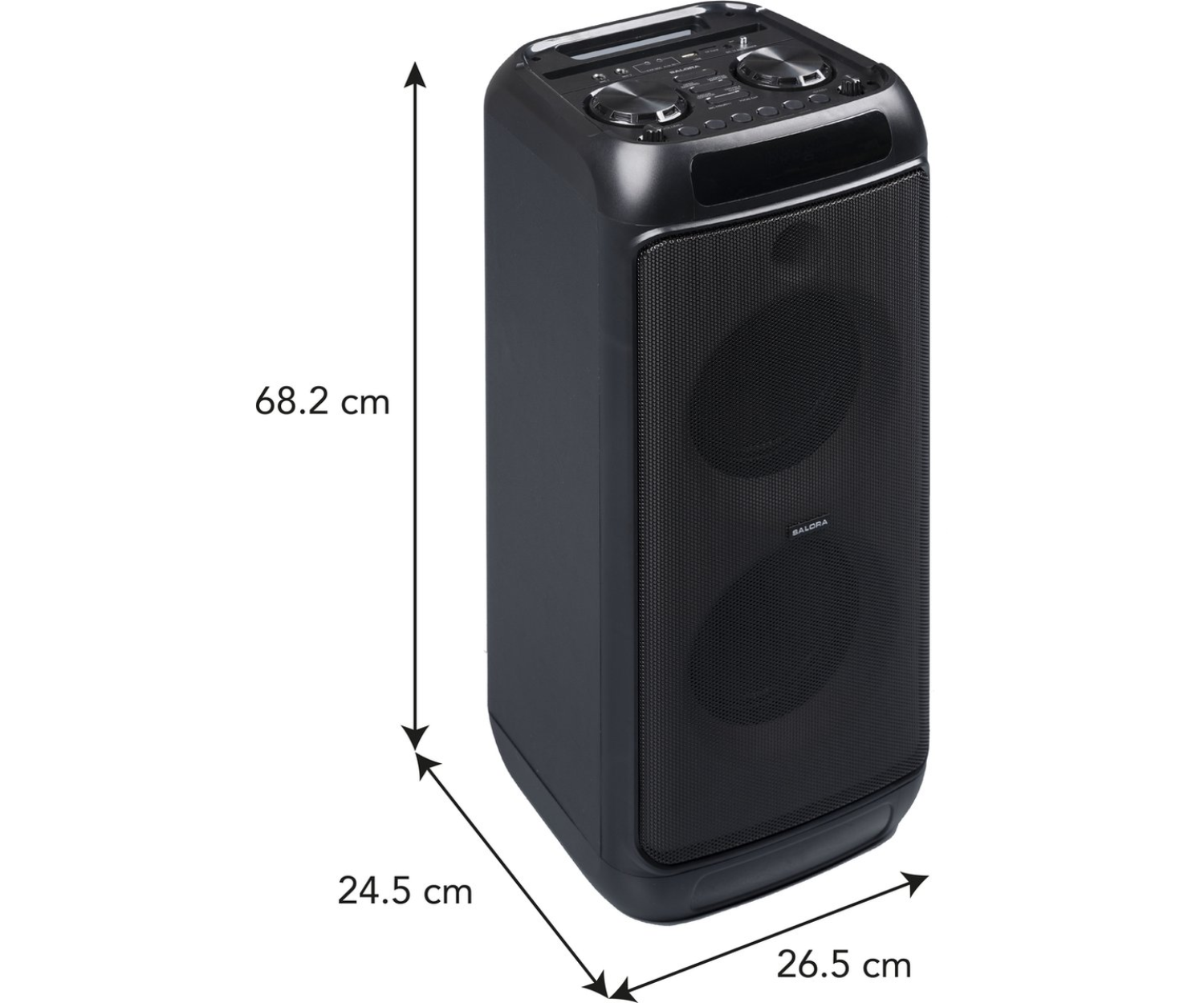 Haut-parleur portable noir. Il est grand et rectangulaire, avec des dimensions étiquetées. Il a deux haut-parleurs.