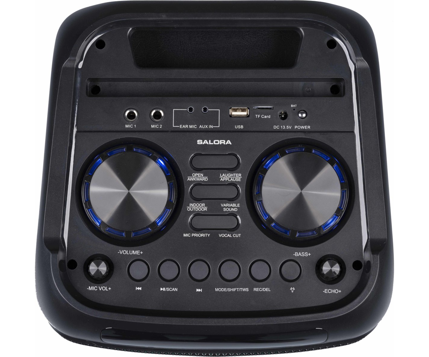 Un haut-parleur noir avec des boutons et des molettes, comprenant un port USB et un emplacement pour carte TF.