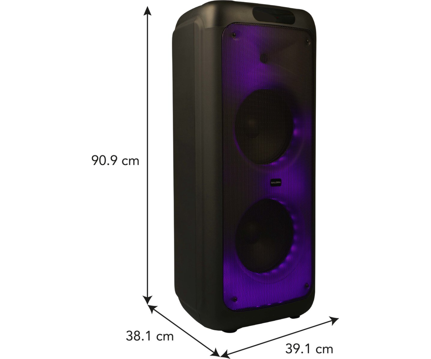 Un haut-parleur noir avec des lumières violettes, mesurant 90,9 cm de haut et 39,1 cm de large.