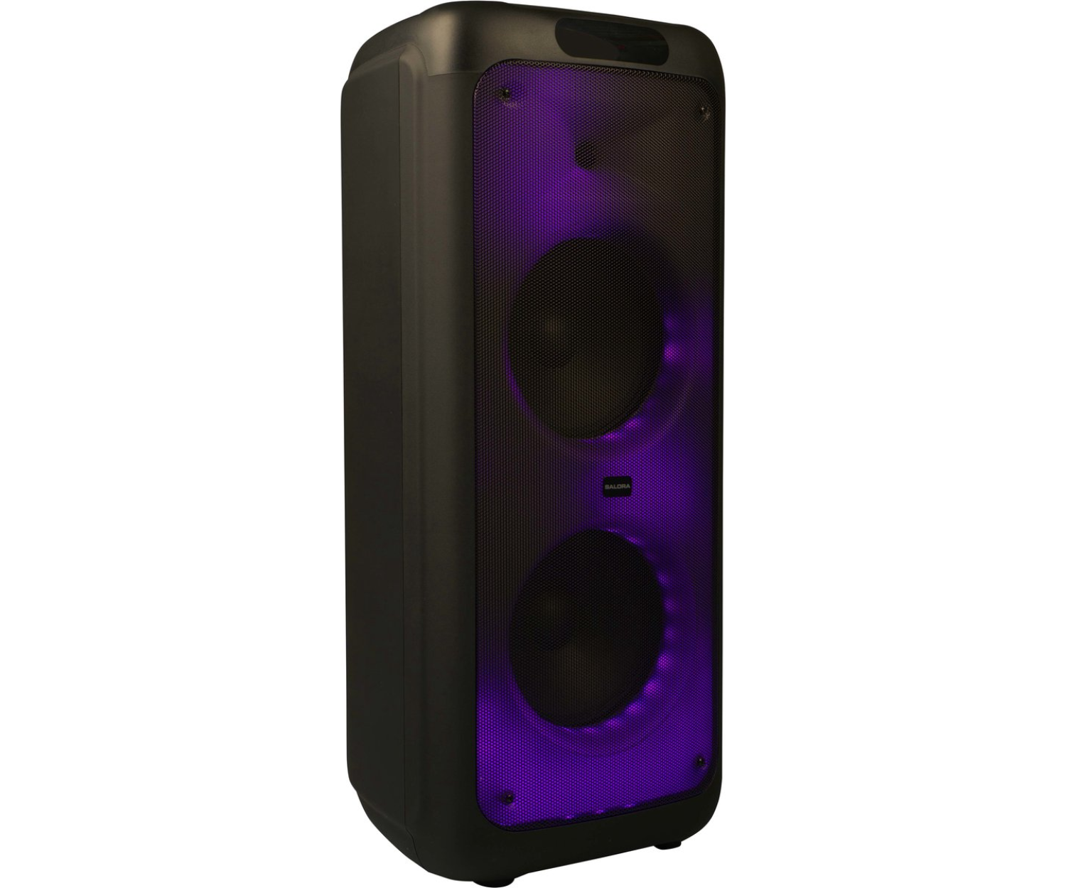 Un haut-parleur rectangulaire noir avec deux grilles circulaires, avec une lumière violette.