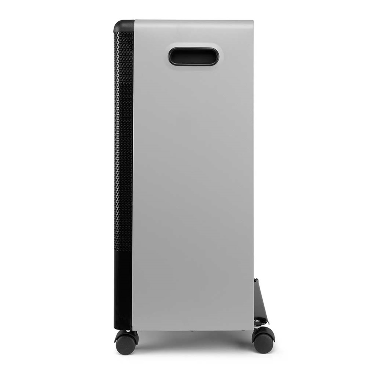 Un purificador de aire gris claro con un panel lateral negro y un asa en la parte superior.
