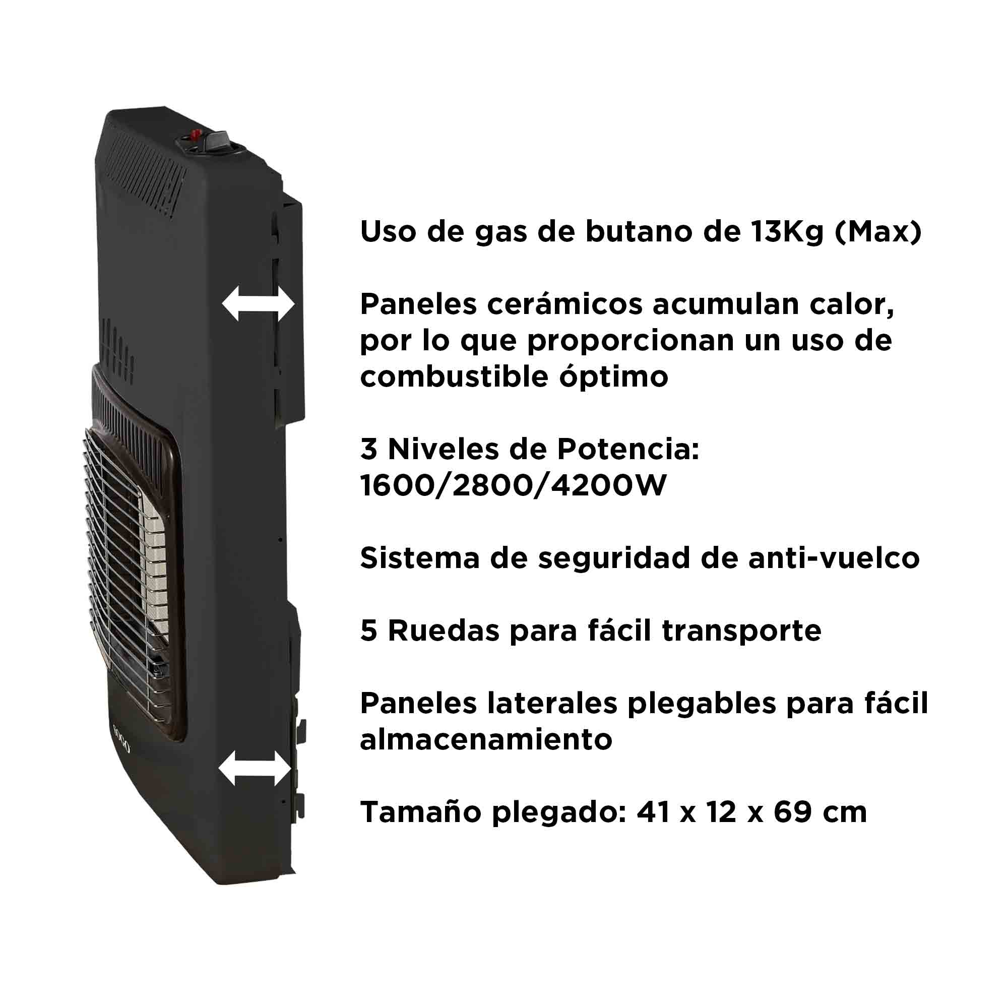 Calentador de gas negro con texto describiendo sus características. Incluye detalles de seguridad y potencia.