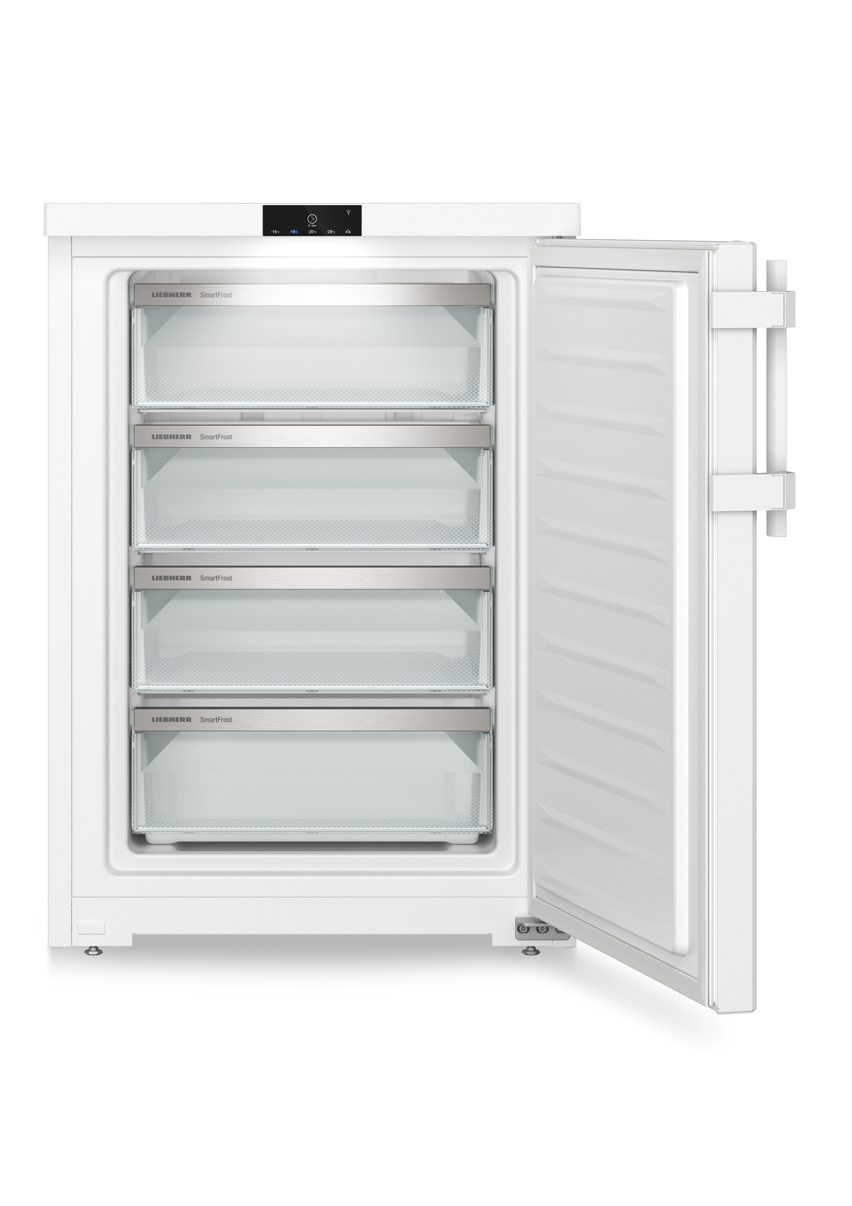 Réfrigérateur blanc avec porte ouverte. Étagères intérieures visibles. Fond blanc.