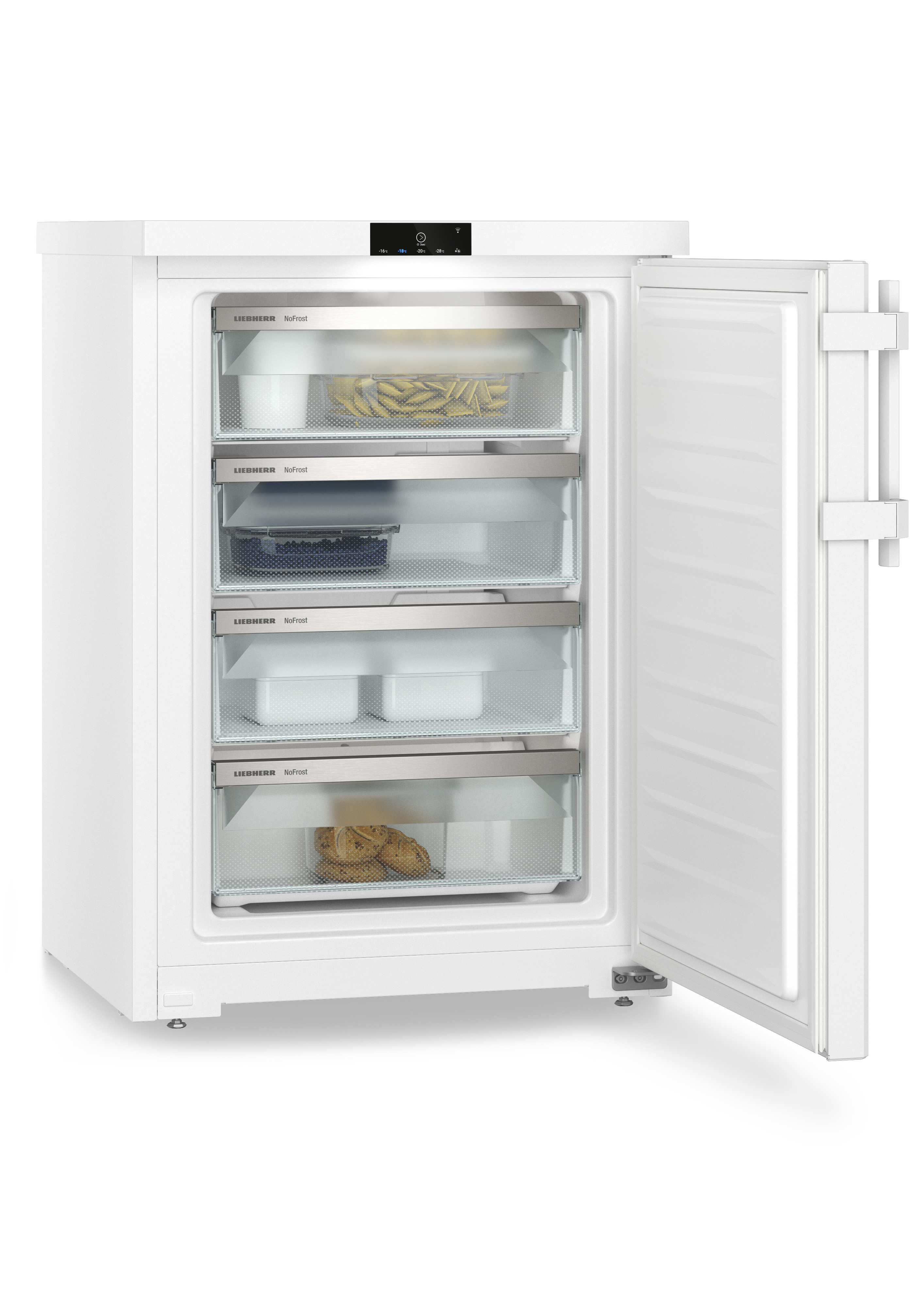 Weißer Kühlschrank mit offener Tür. Vier Schubladen mit Essen darin.