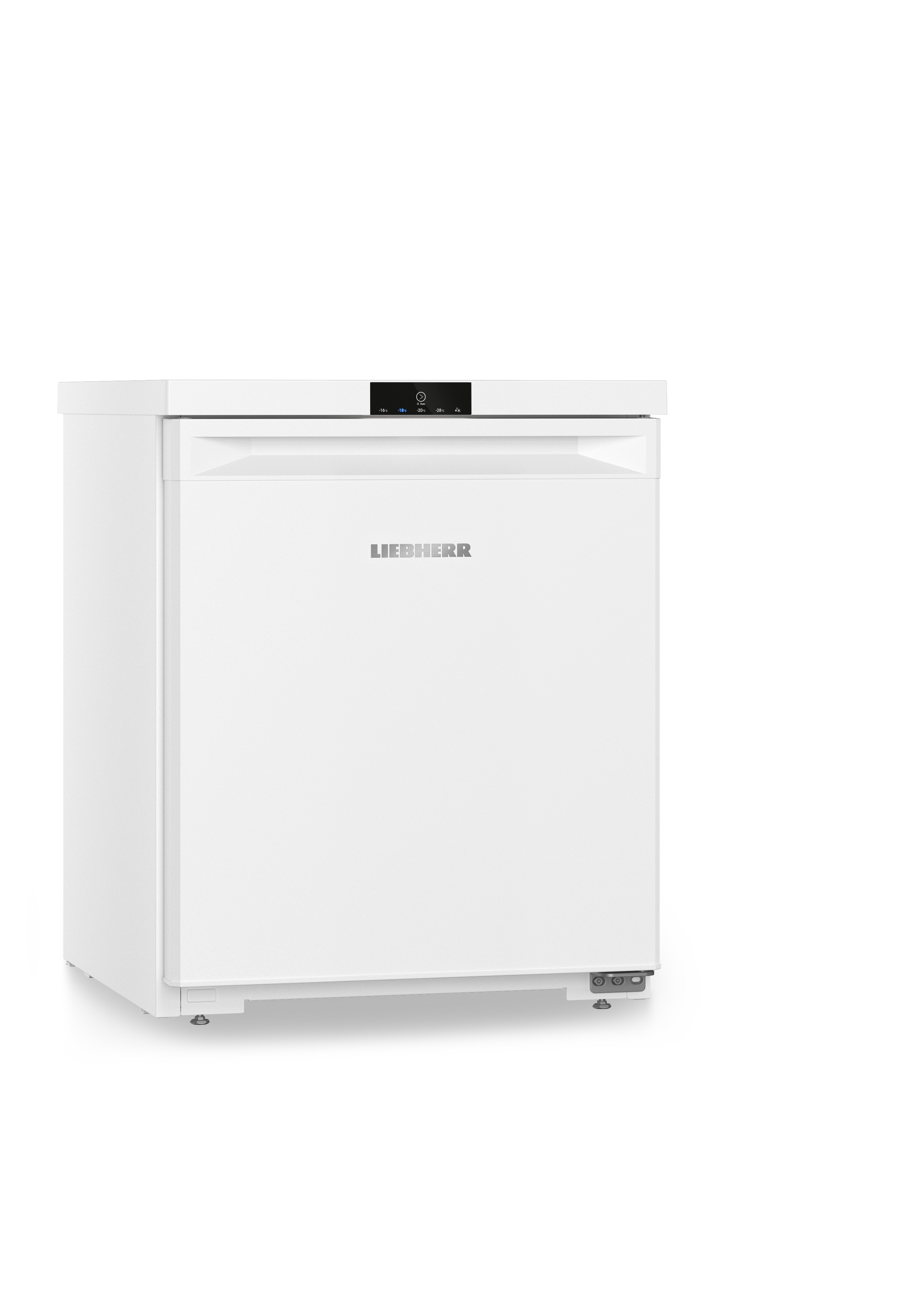 Weißer Kühlschrank mit LIEBHERR-Logo. Oberseite hat ein kleines Display und eine Tür.