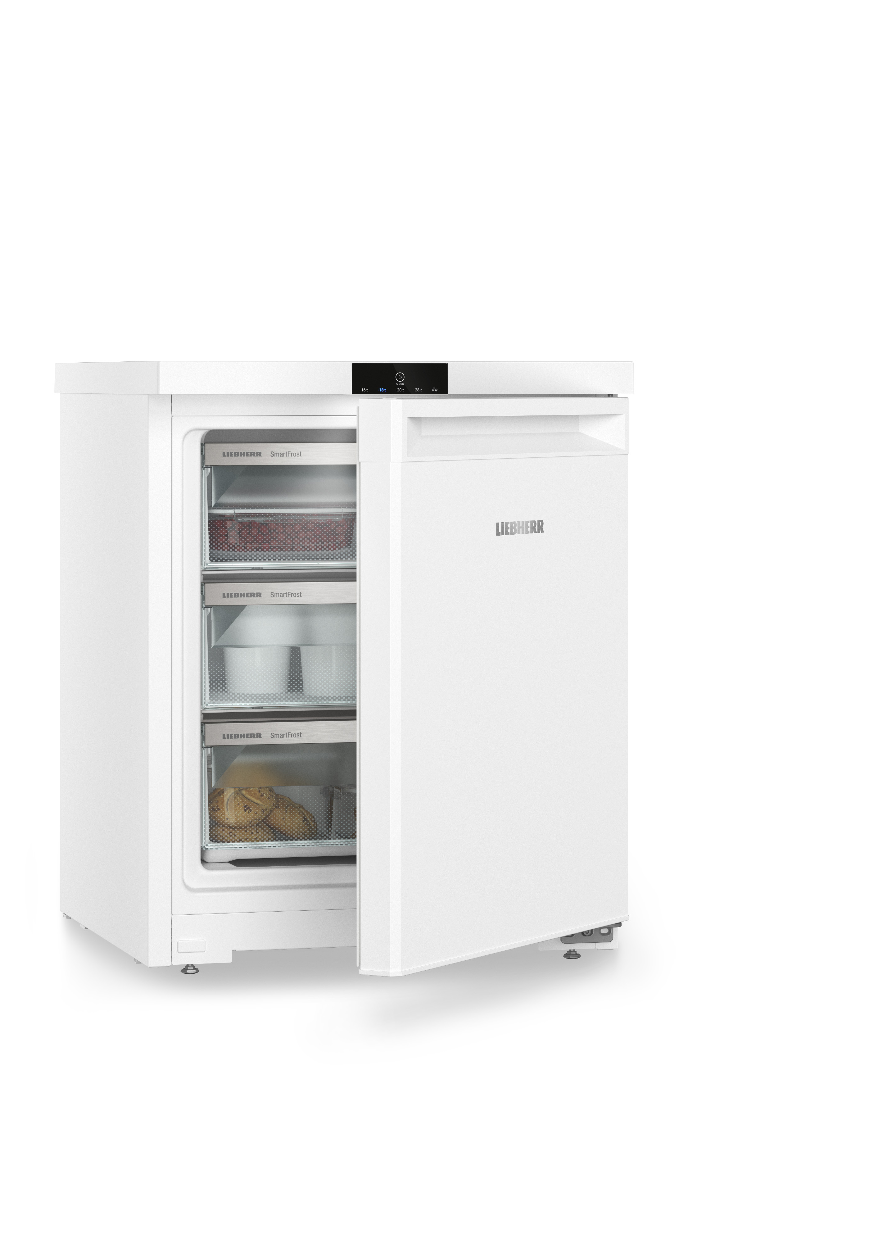 Ein weißer Liebherr-Kühlschrank mit offener Tür, die drei Schubladen freigibt.