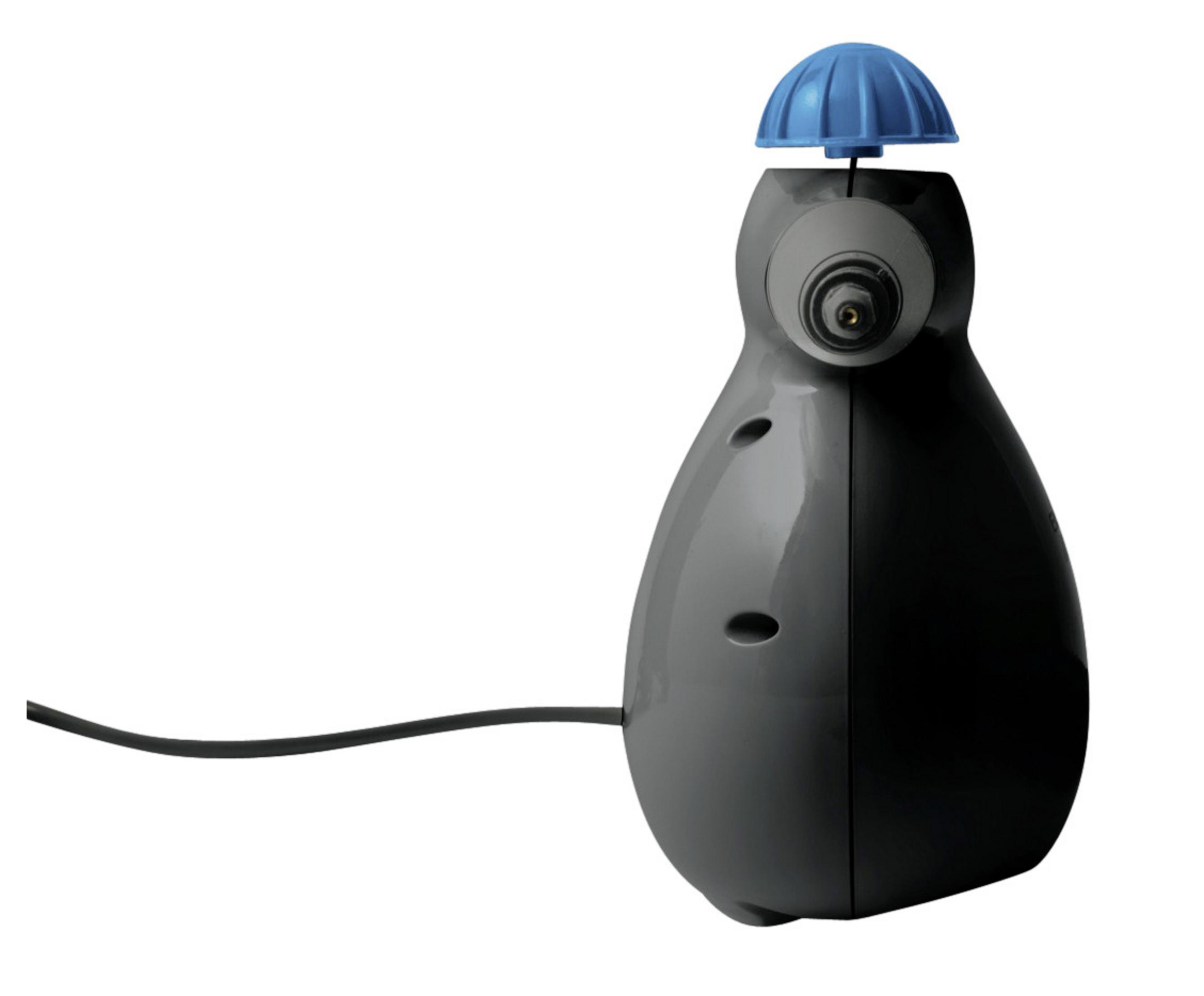 Szare urządzenie w kształcie pingwina z niebieską nasadką. Czarny kabel wystaje z urządzenia.
