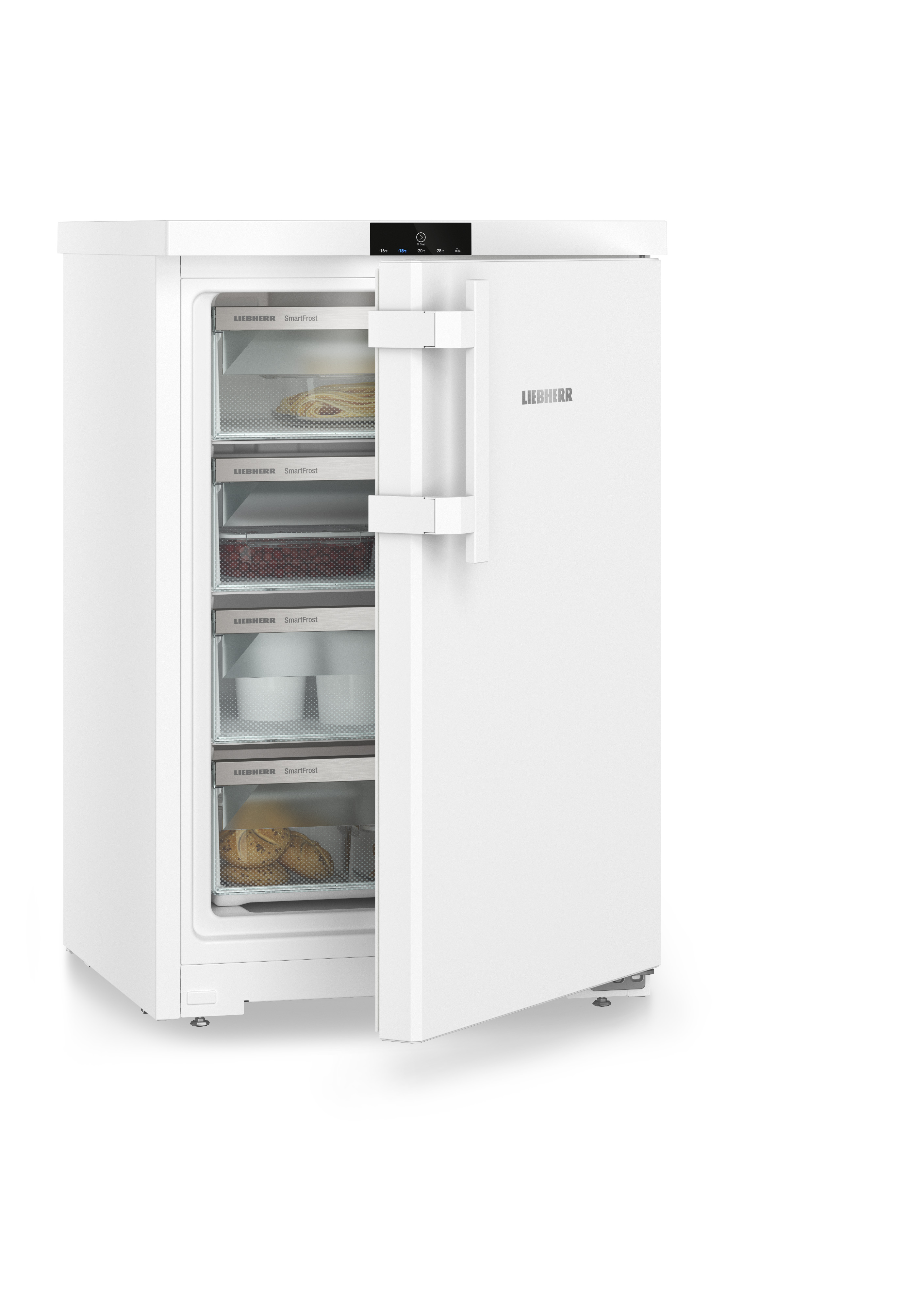 Weißer Liebherr Kühl-Gefrierschrank mit geöffneter Tür, zeigt Regale mit Lebensmitteln. Griff an der Tür.