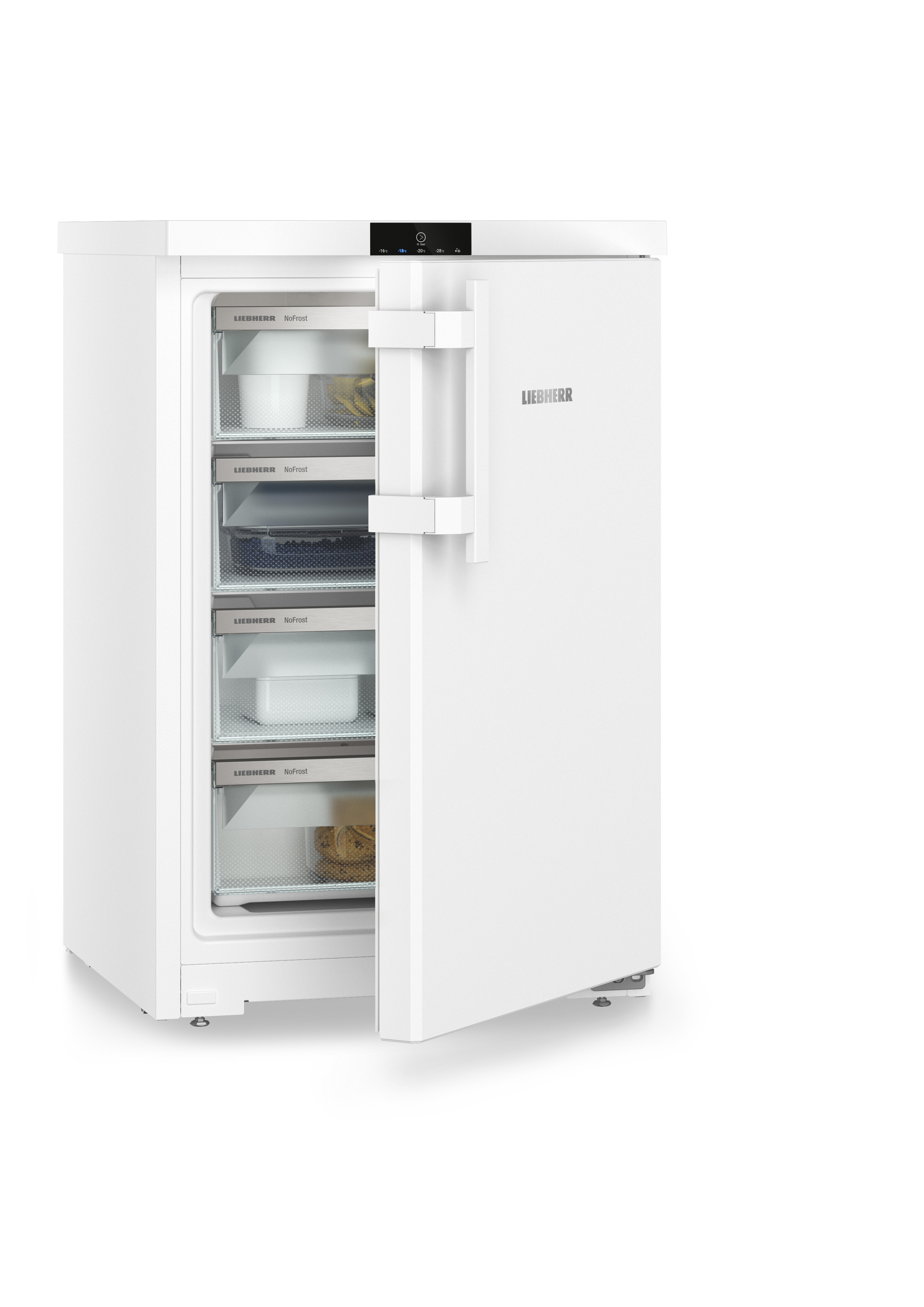 Weißer Kühlschrank mit offener Tür. Innenregale sichtbar. Weißer Hintergrund, modernes Design.