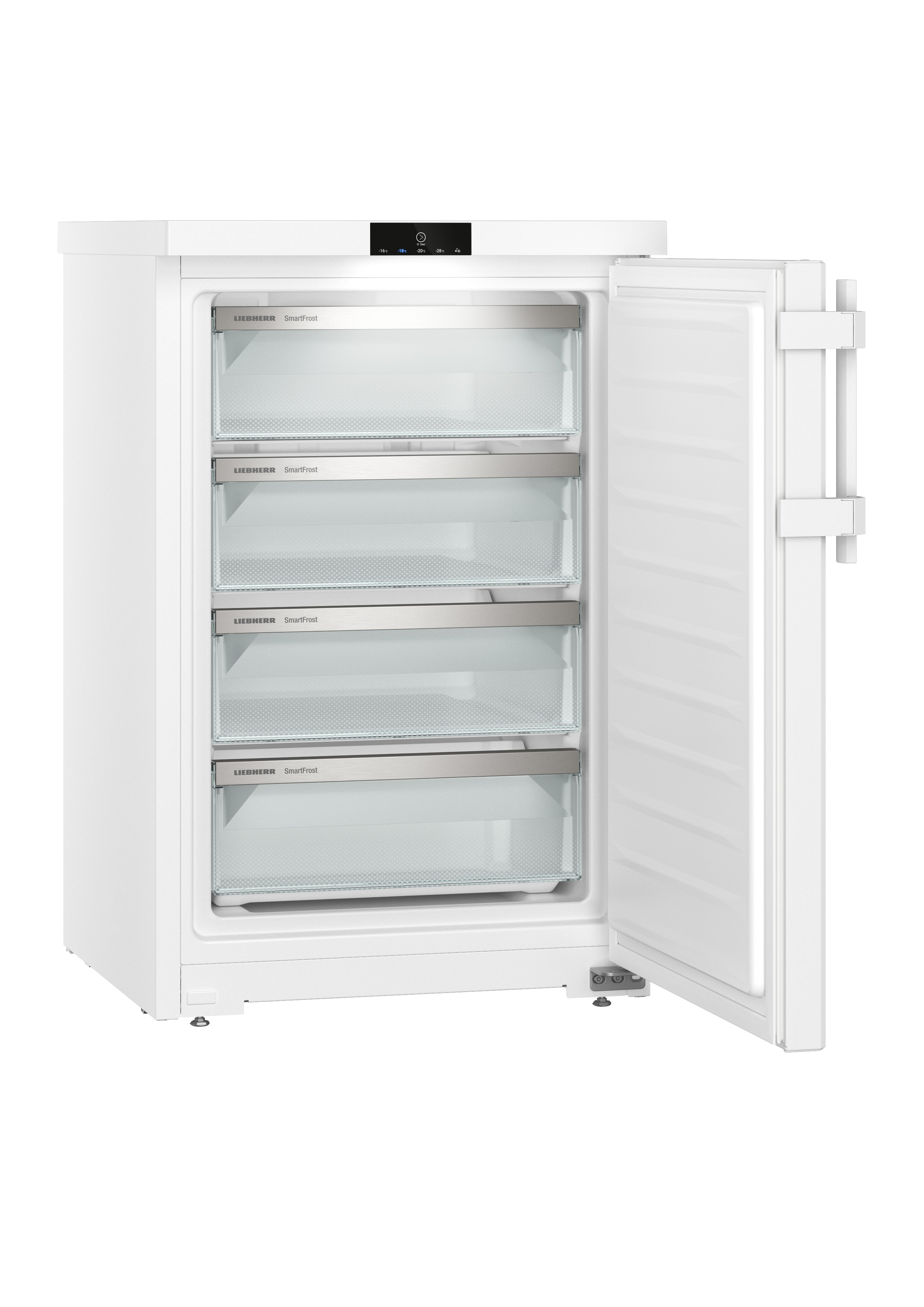 Refrigerador blanco con la puerta abierta, mostrando estantes.