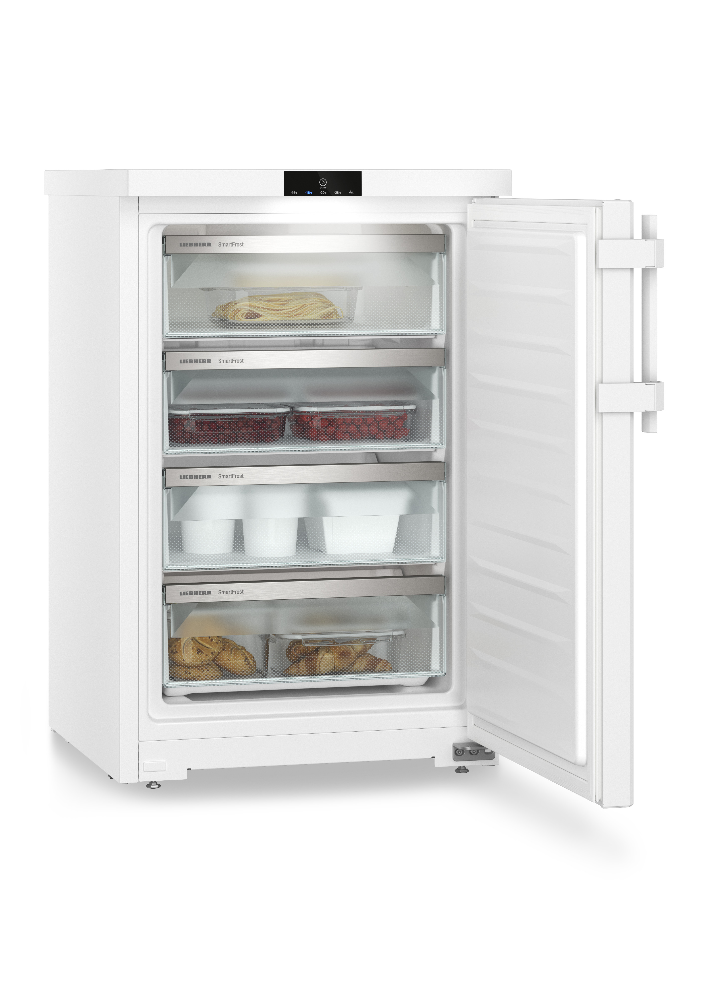 Un refrigerador blanco con la puerta abierta, mostrando estantes con alimentos.