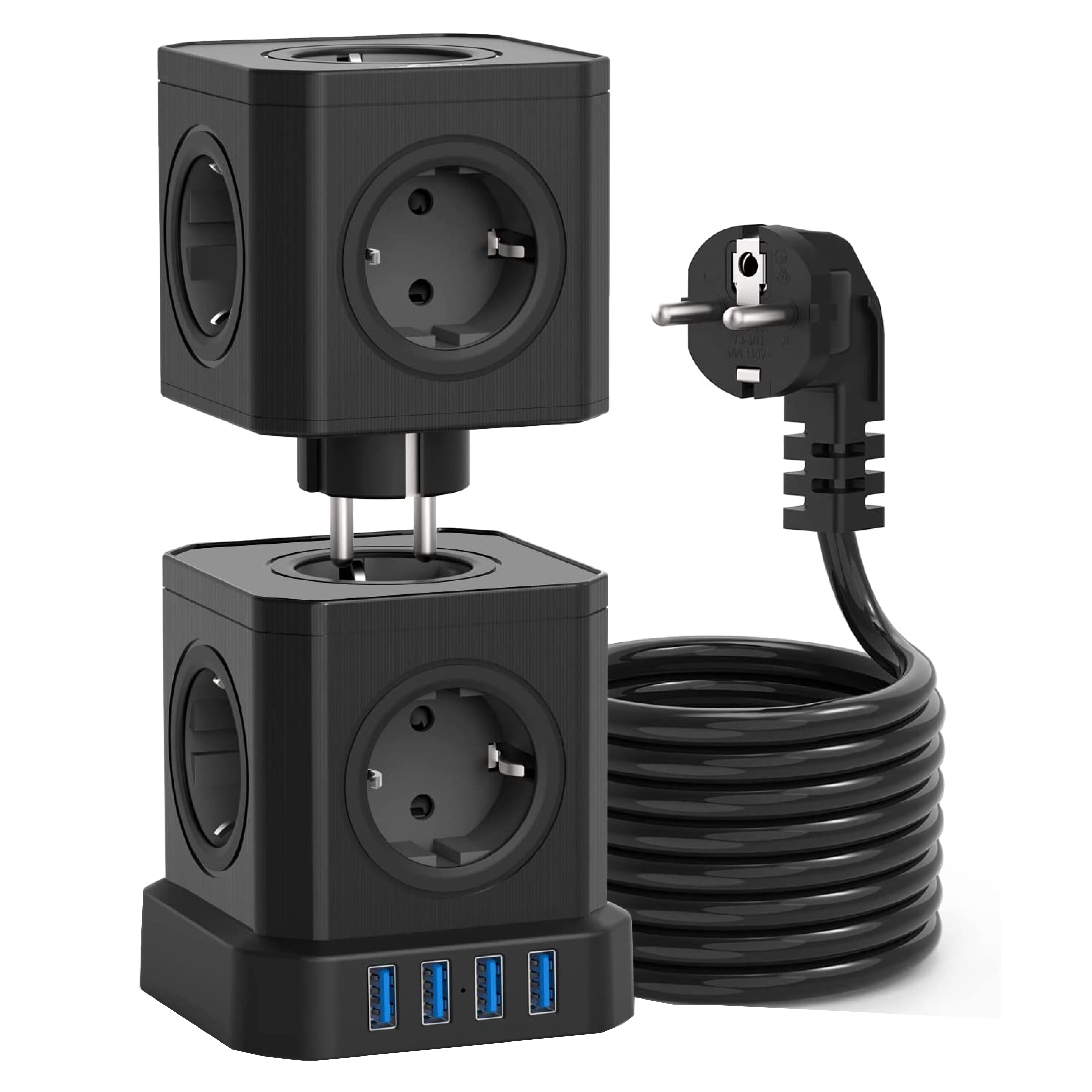 Czarny przedłużacz z wieloma gniazdami i portami USB. Wtyczka ze spiralnym kablem. Białe tło.