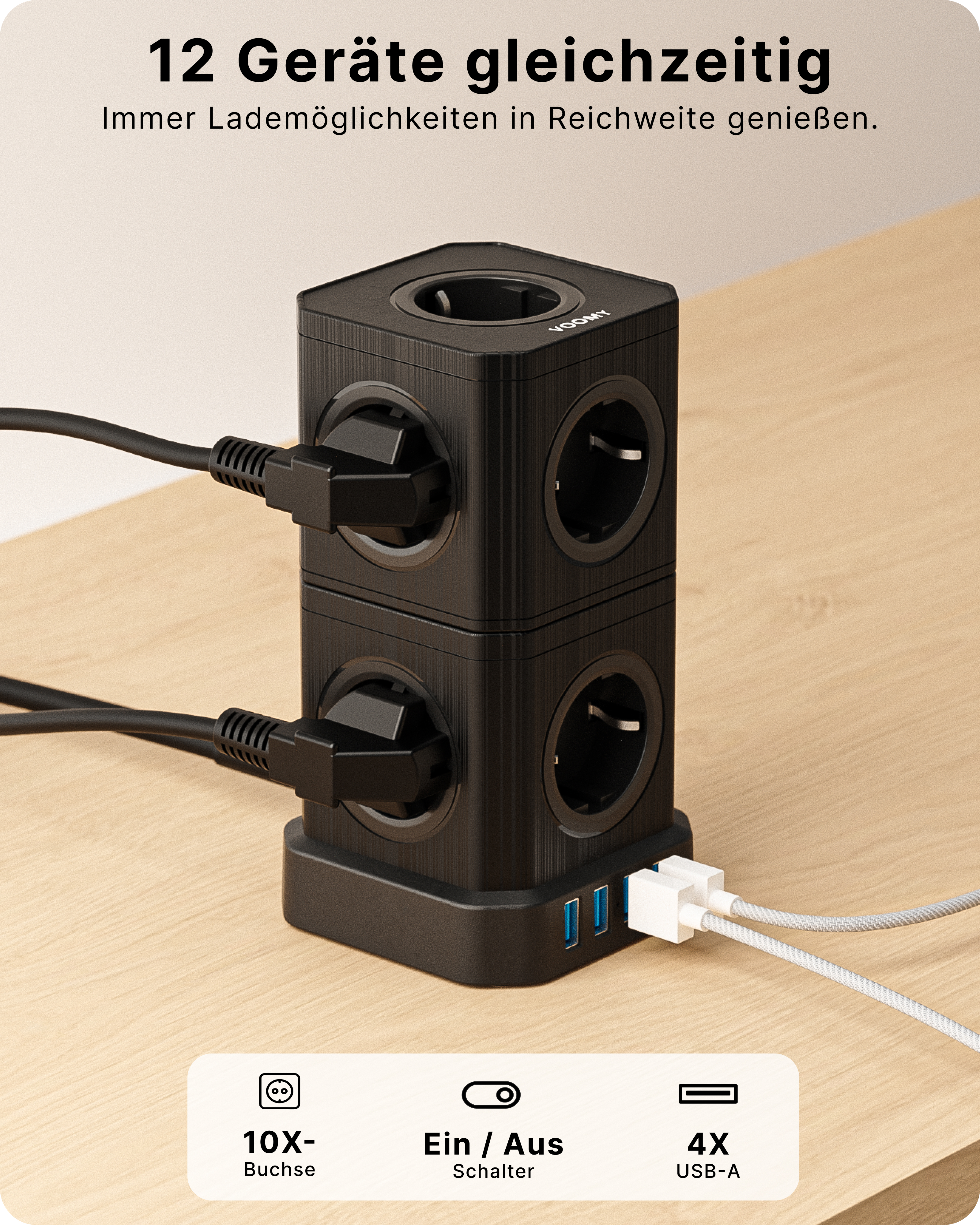 Czarny przedłużacz z wieloma gniazdami i portami USB, z białymi kablami USB.