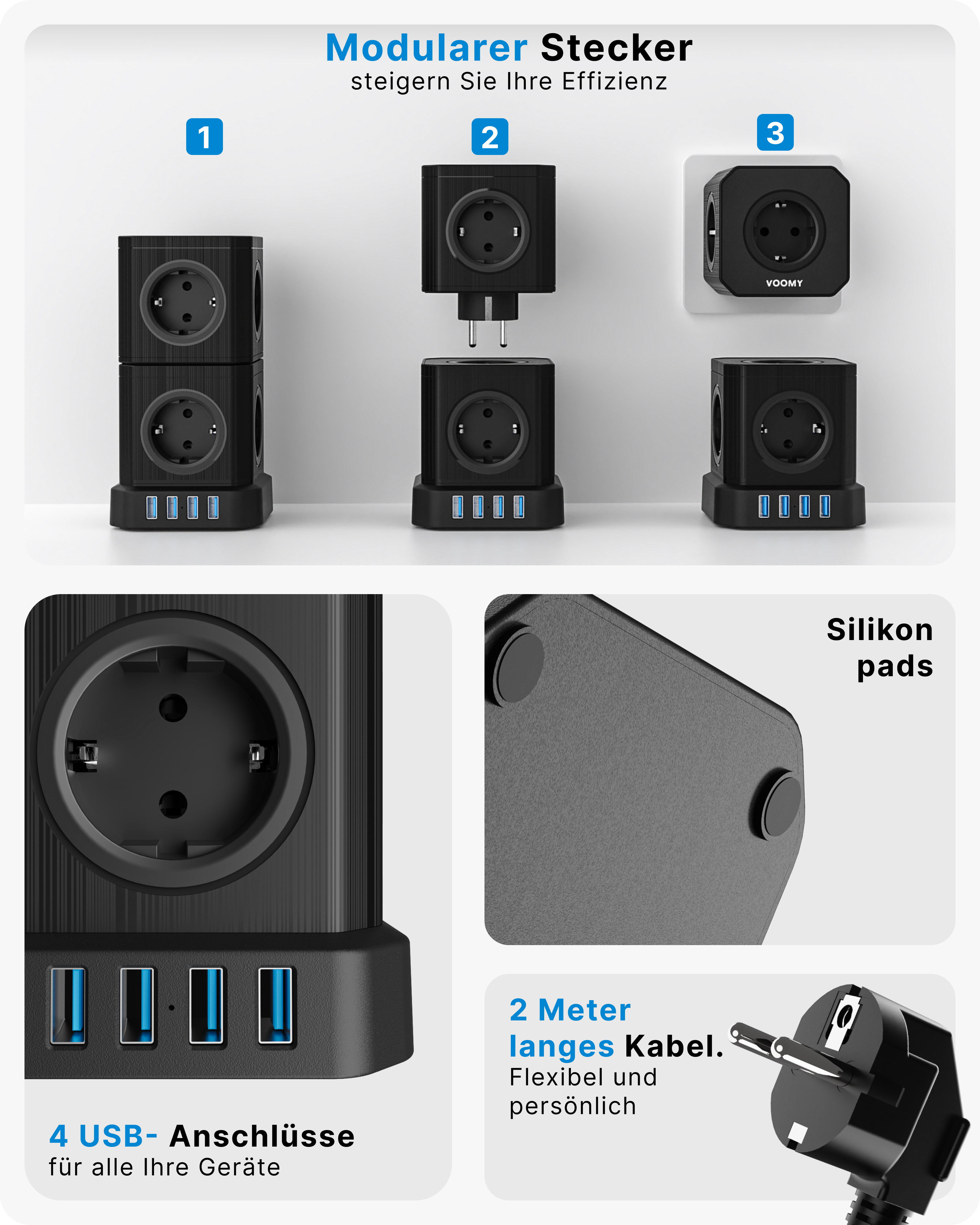 Modułowa listwa zasilająca z portami USB. Czarna z wieloma gniazdami. Przewód ma wtyczkę.