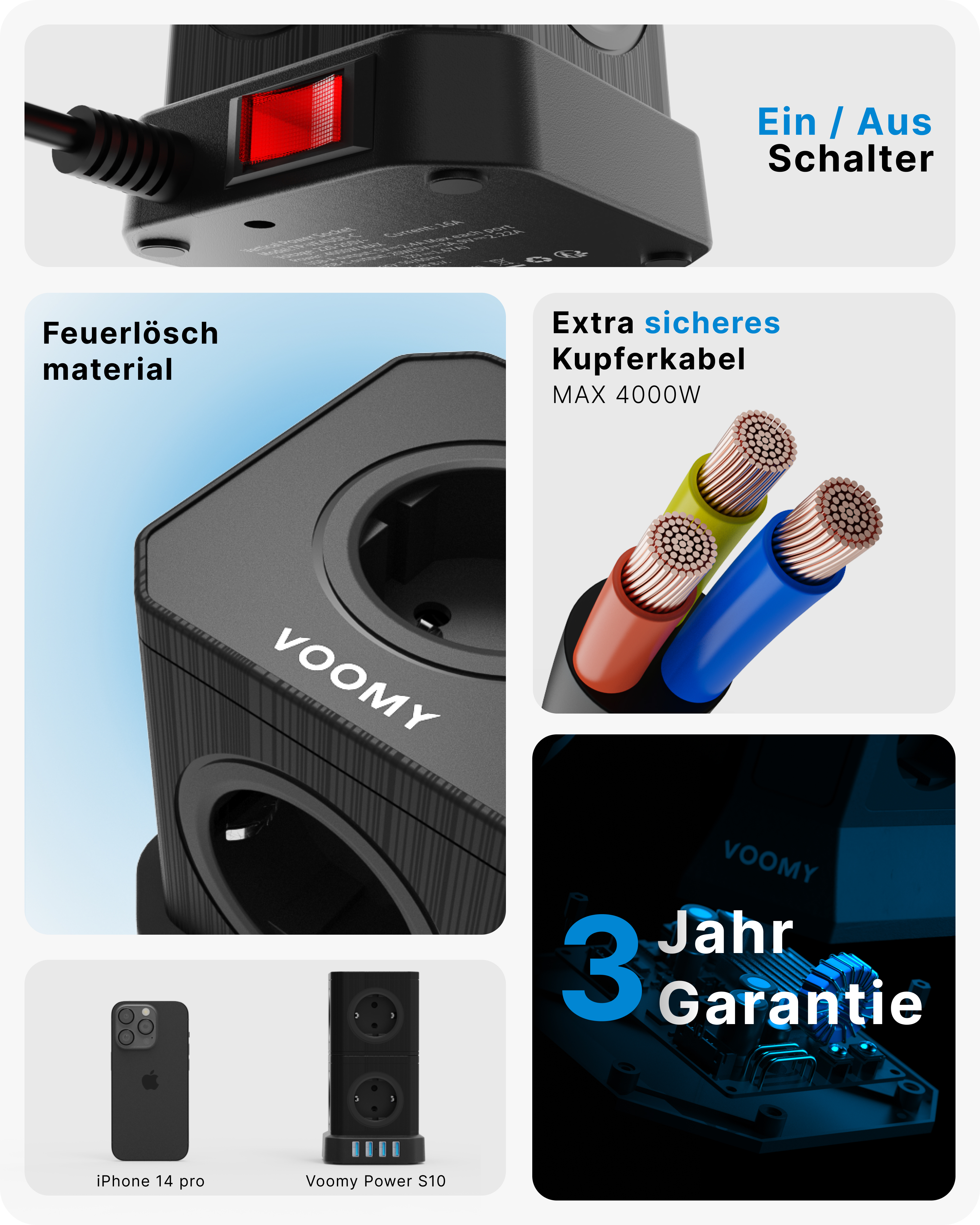 Zbliżenie listwy zasilającej z wieloma gniazdami, włącznikiem/wyłącznikiem i tekstem po niemiecku. Różne kable.