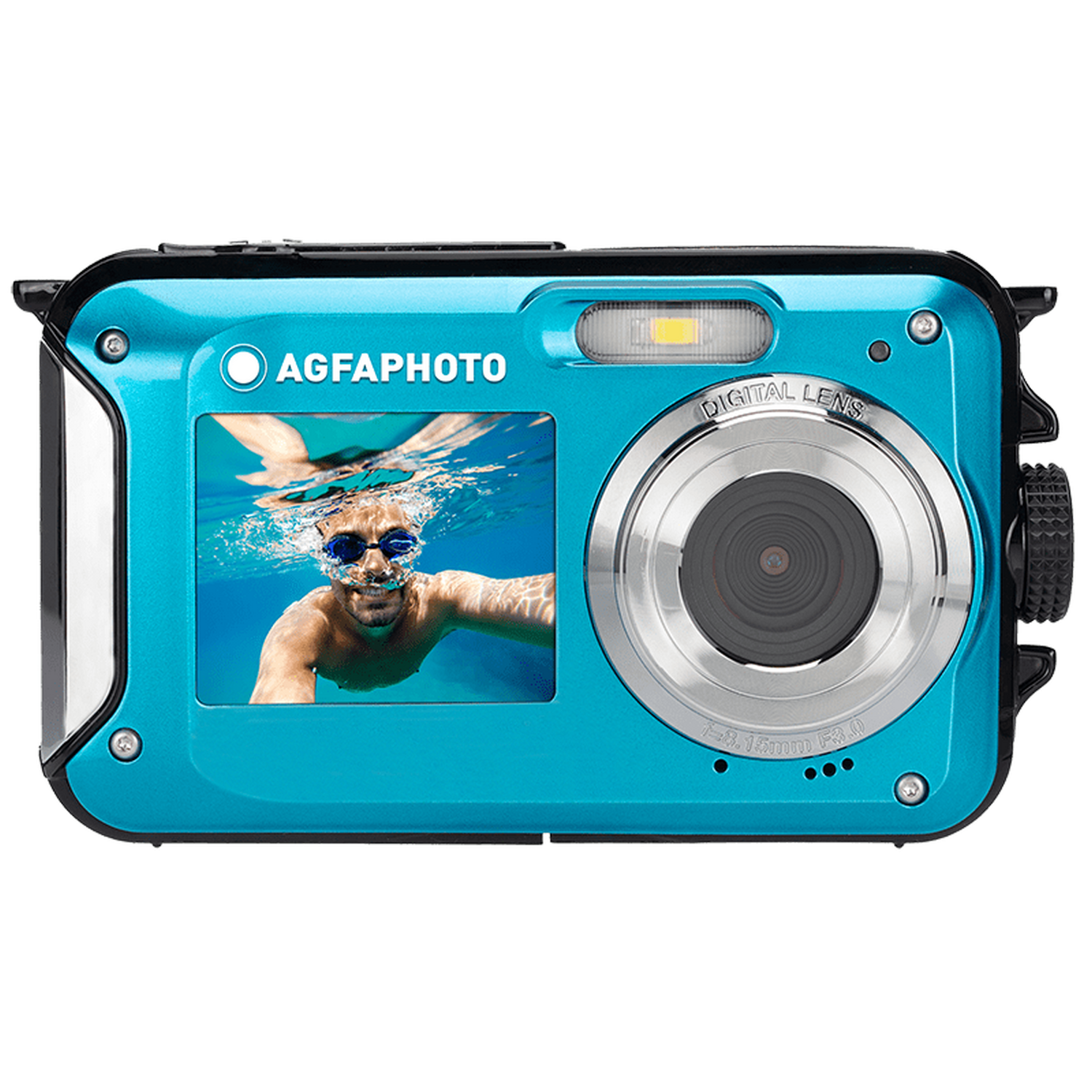 Turkusowa kamera podwodna z osobą pływającą na ekranie. Aparat ma obiektyw.