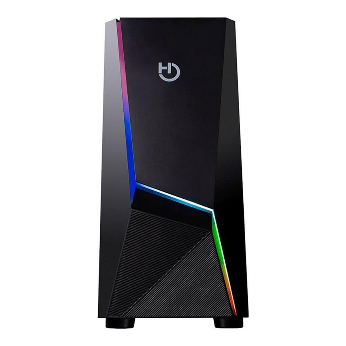 Una caja de ordenador negra con iluminación RGB sobre una superficie blanca. La caja tiene la letra H.