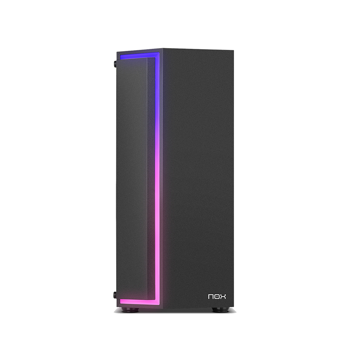 Carcasa de ordenador negra con panel lateral de vidrio e iluminación LED de colores.