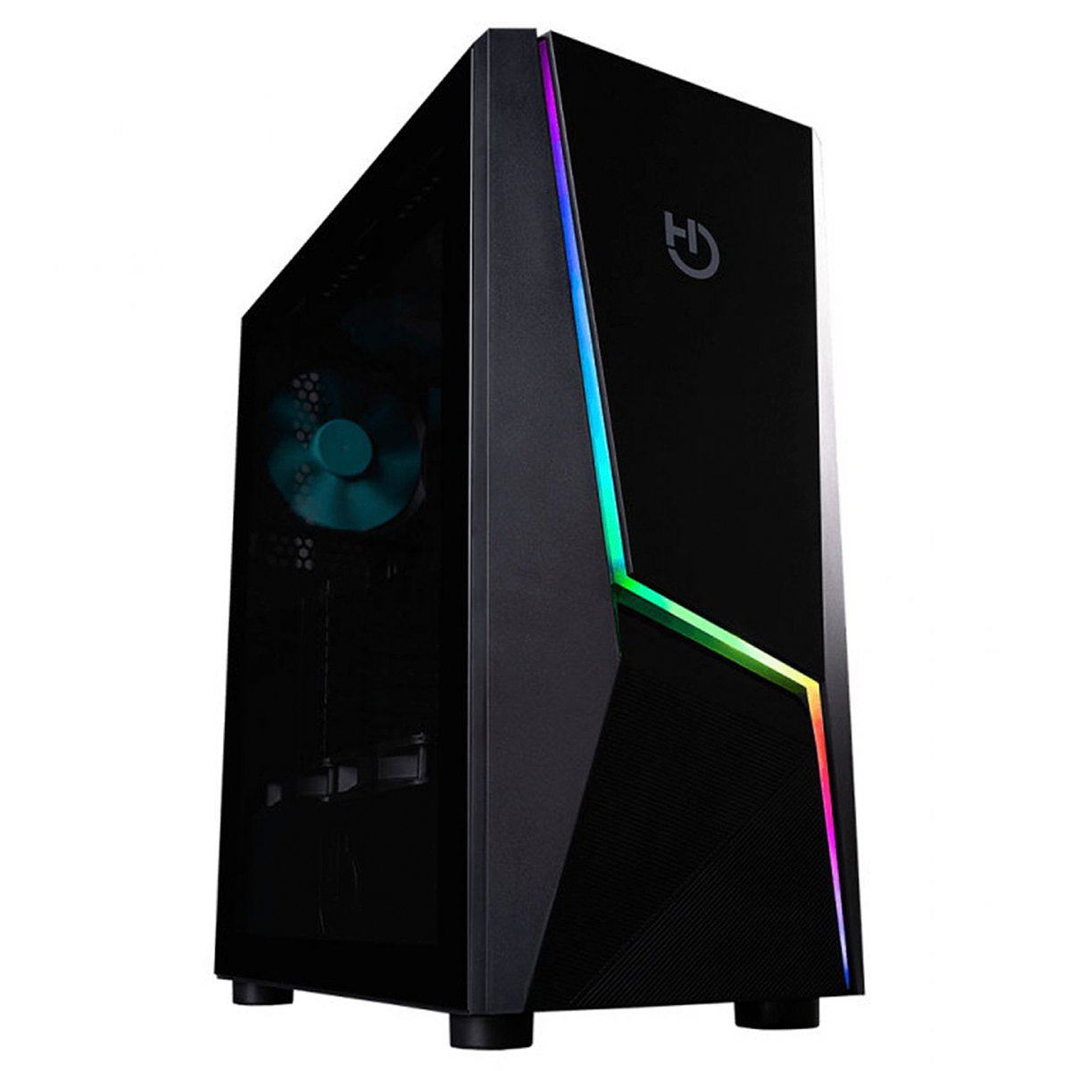 Caja de ordenador negra con ventilador turquesa e iluminación LED colorida en el frente.
