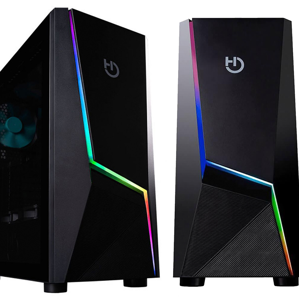 Dos cajas de ordenador negras con luces RGB. Las cajas están sobre un fondo blanco.