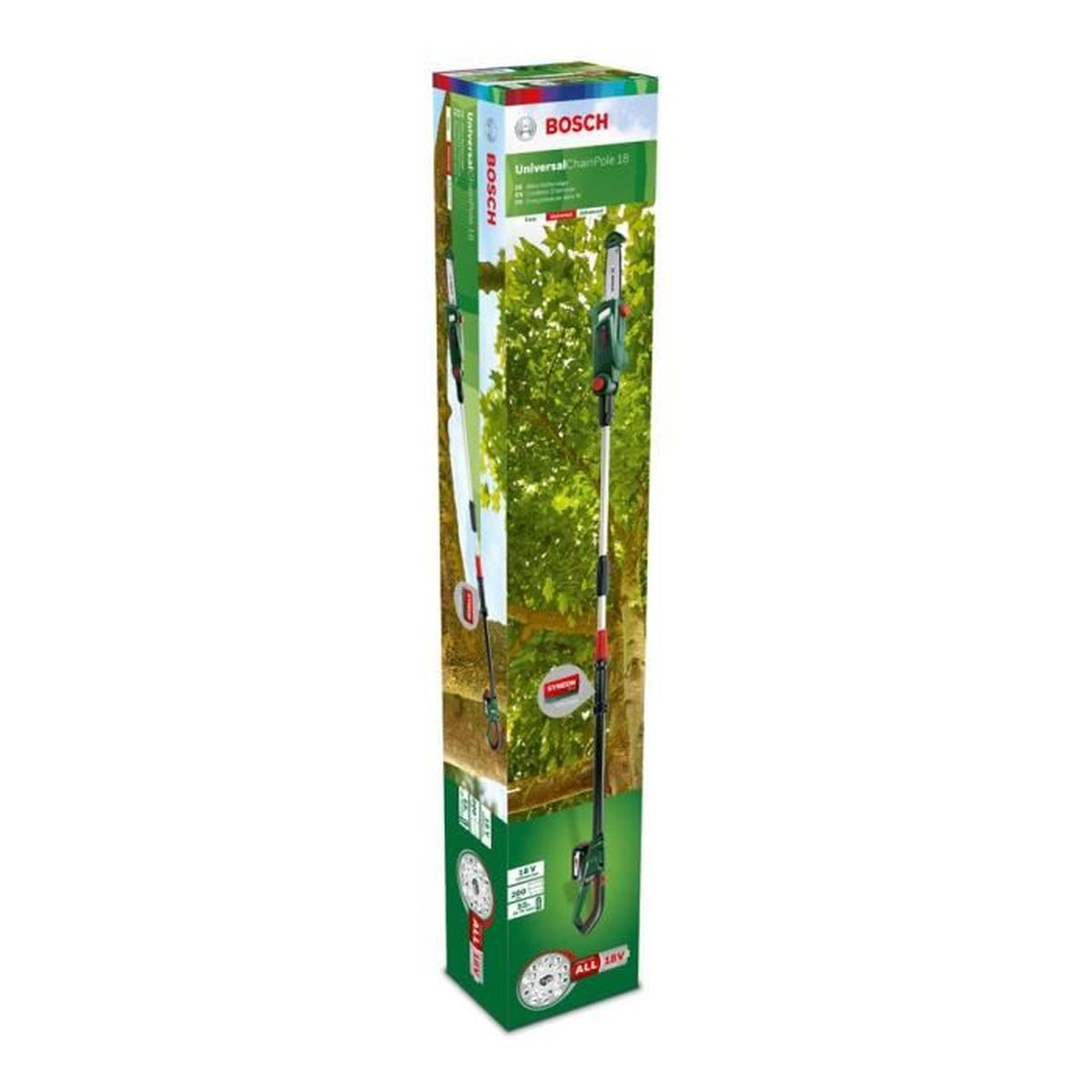 Bosch UniversalChainPole 18 in einer Box, die eine Astschere vor einer Baumkulisse zeigt.
