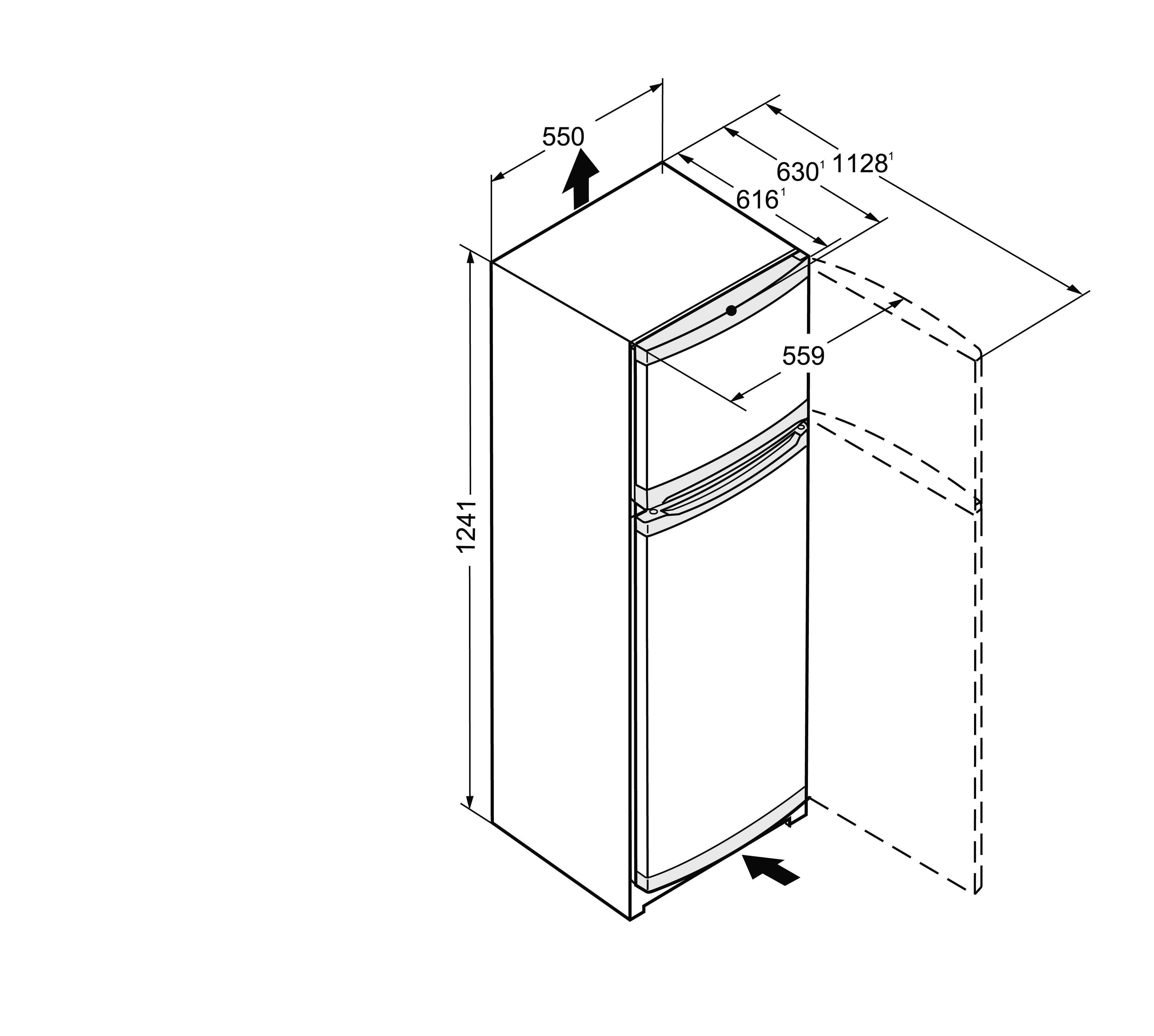 Refrigerador con dimensiones. Cuerpo blanco, asas plateadas y una flecha negra que indica la base.