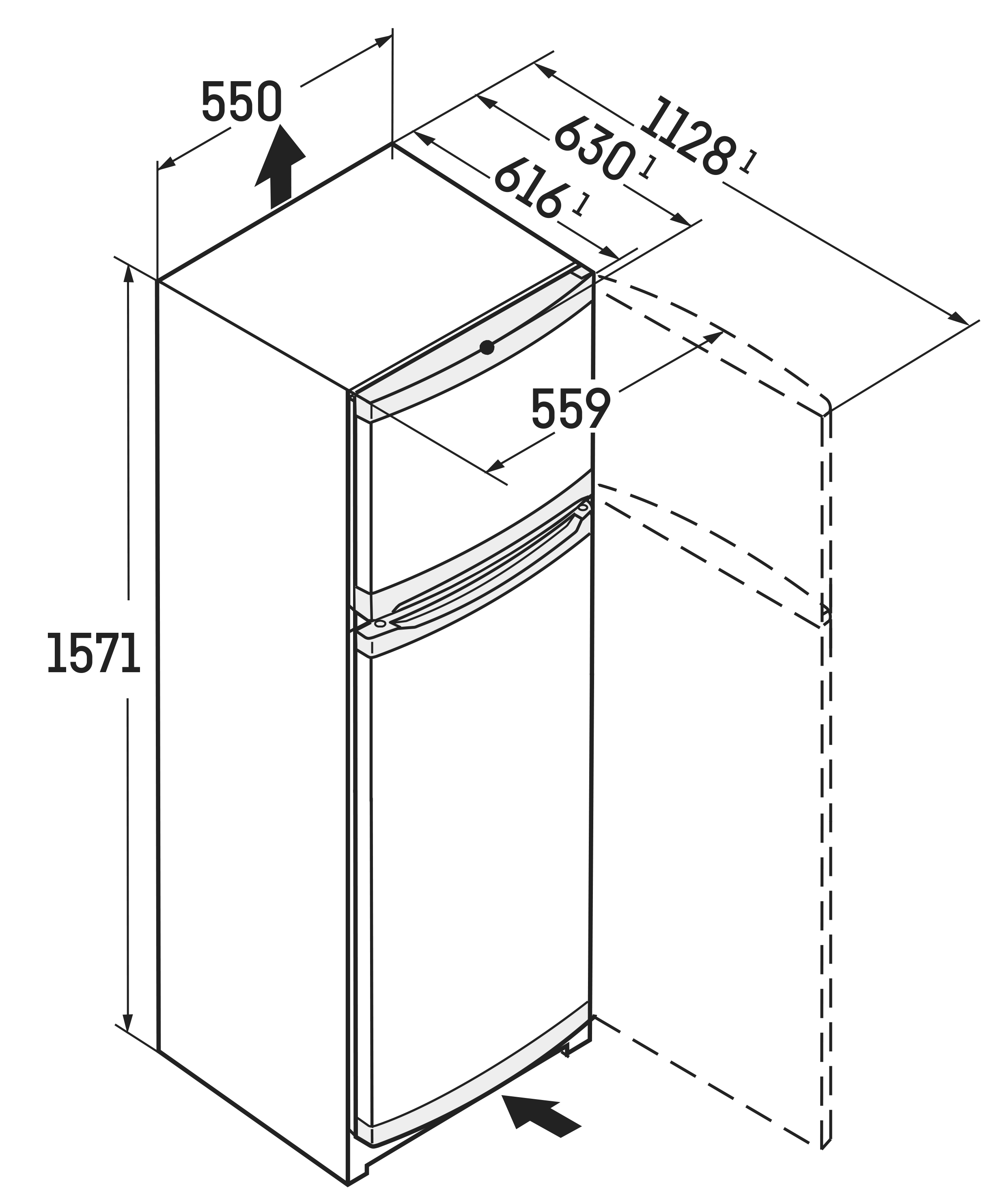 Diagrama de un refrigerador con dimensiones en mm. Muestra altura, ancho y profundidad.
