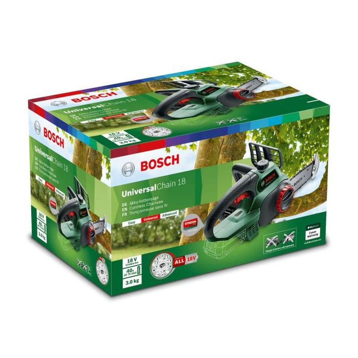Eine Kettensäge in ihrem Karton, mit Bildern der Säge und dem Bosch-Logo.