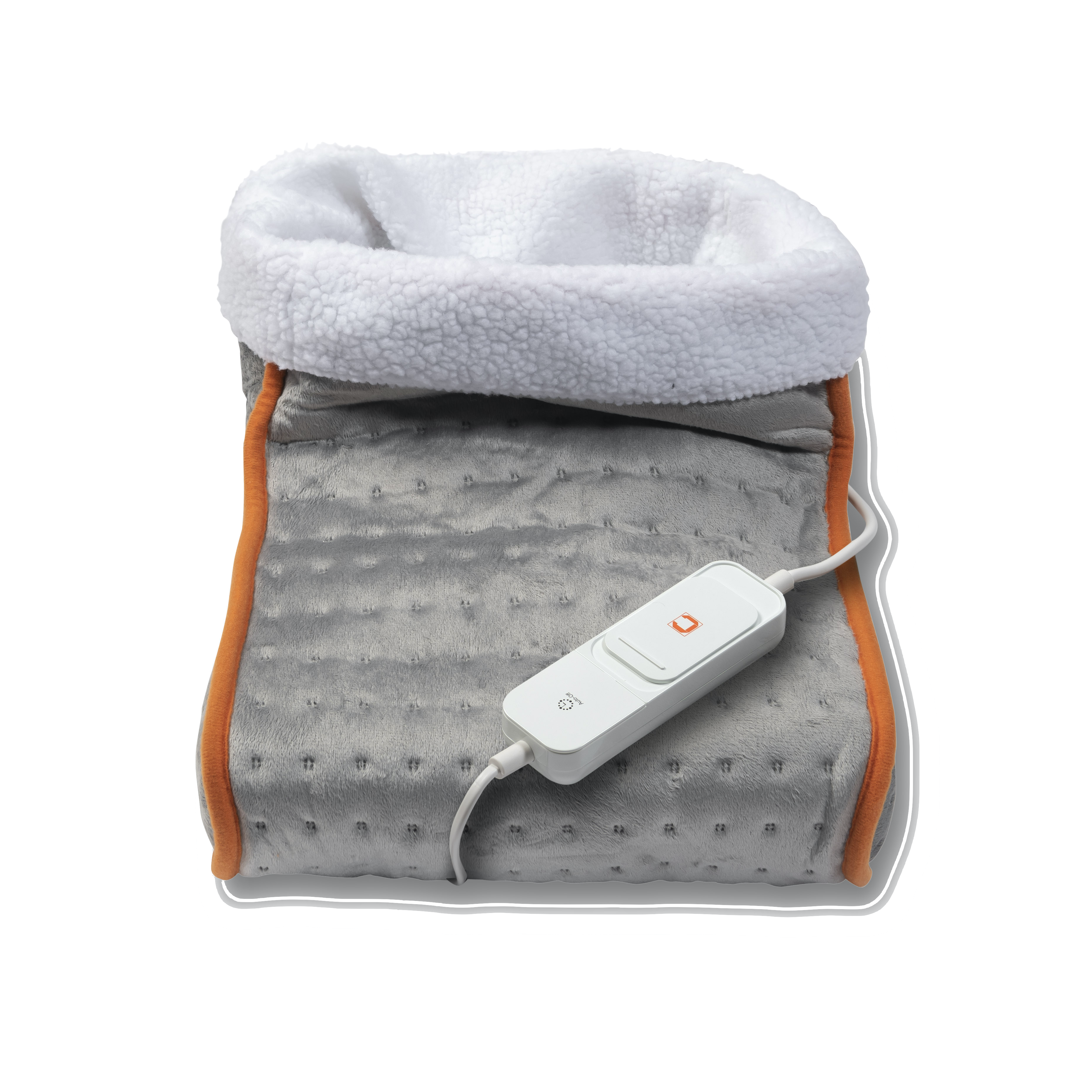 Een grijze warmtepad met een oranje rand en een witte bediening. Er is een zachte witte voering, over een zwarte achtergrond.