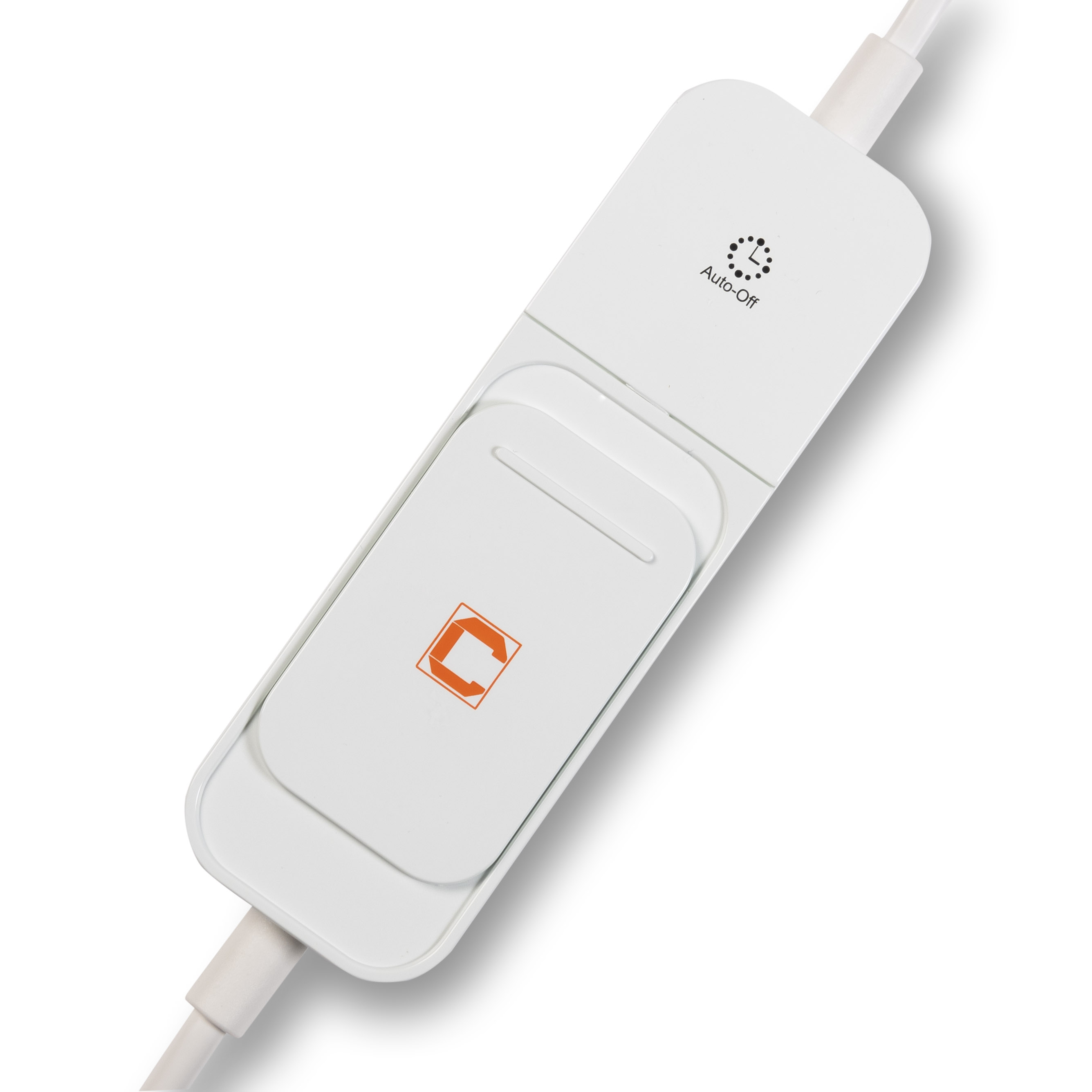 Witte bediening met automatische uitschakelfunctie, twee knoppen, witte achtergrond.