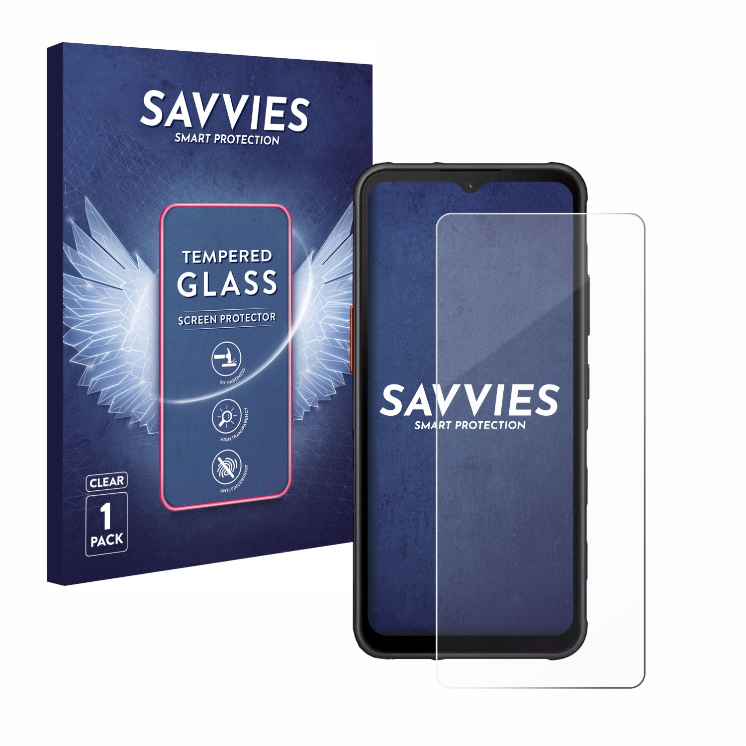 Smartphone, Displayschutzfolie und Schachtel. Text 'Tempered Glass Screen Protector'.