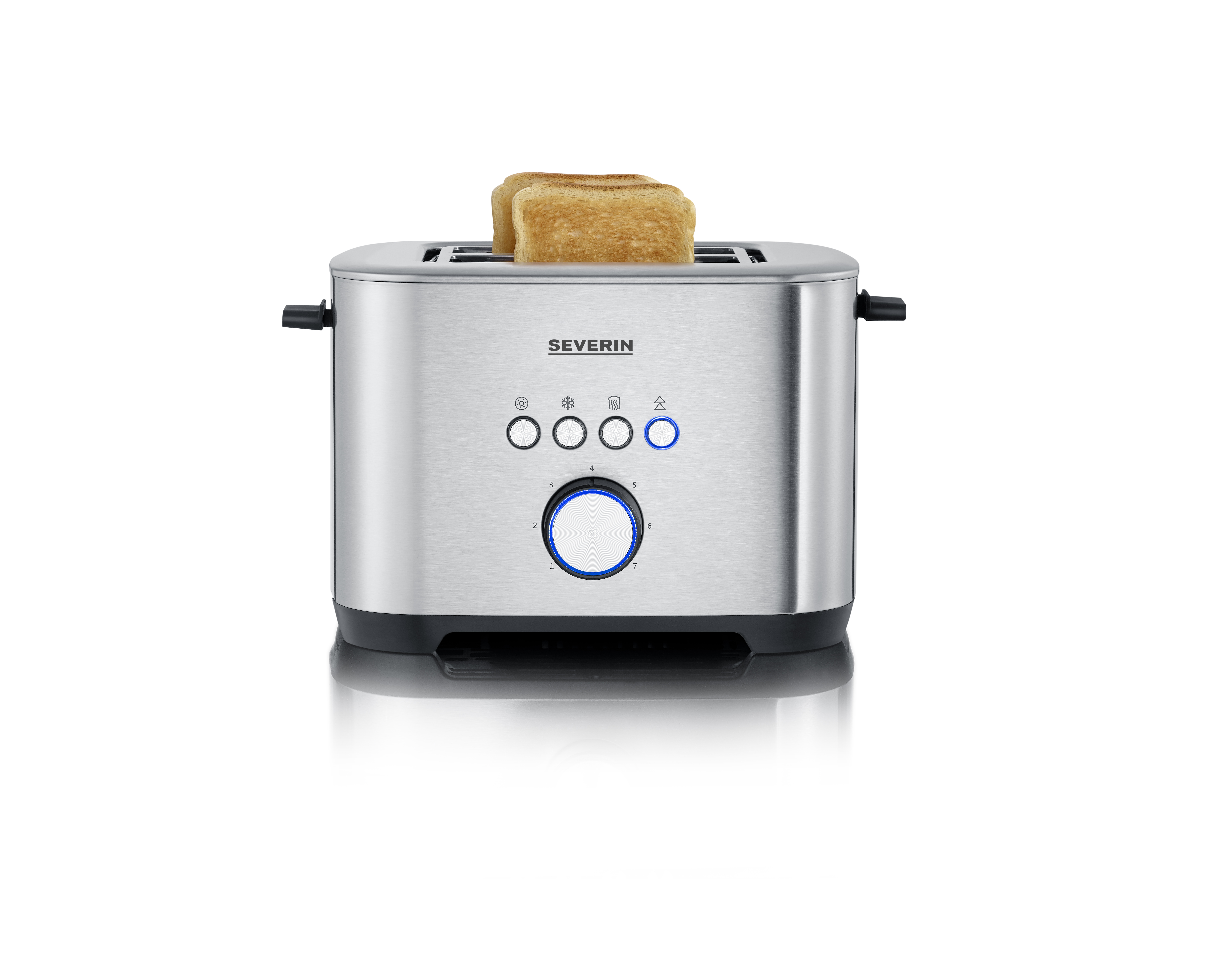 A silver toaster with two slices of toast. The toaster sits on a white surface.