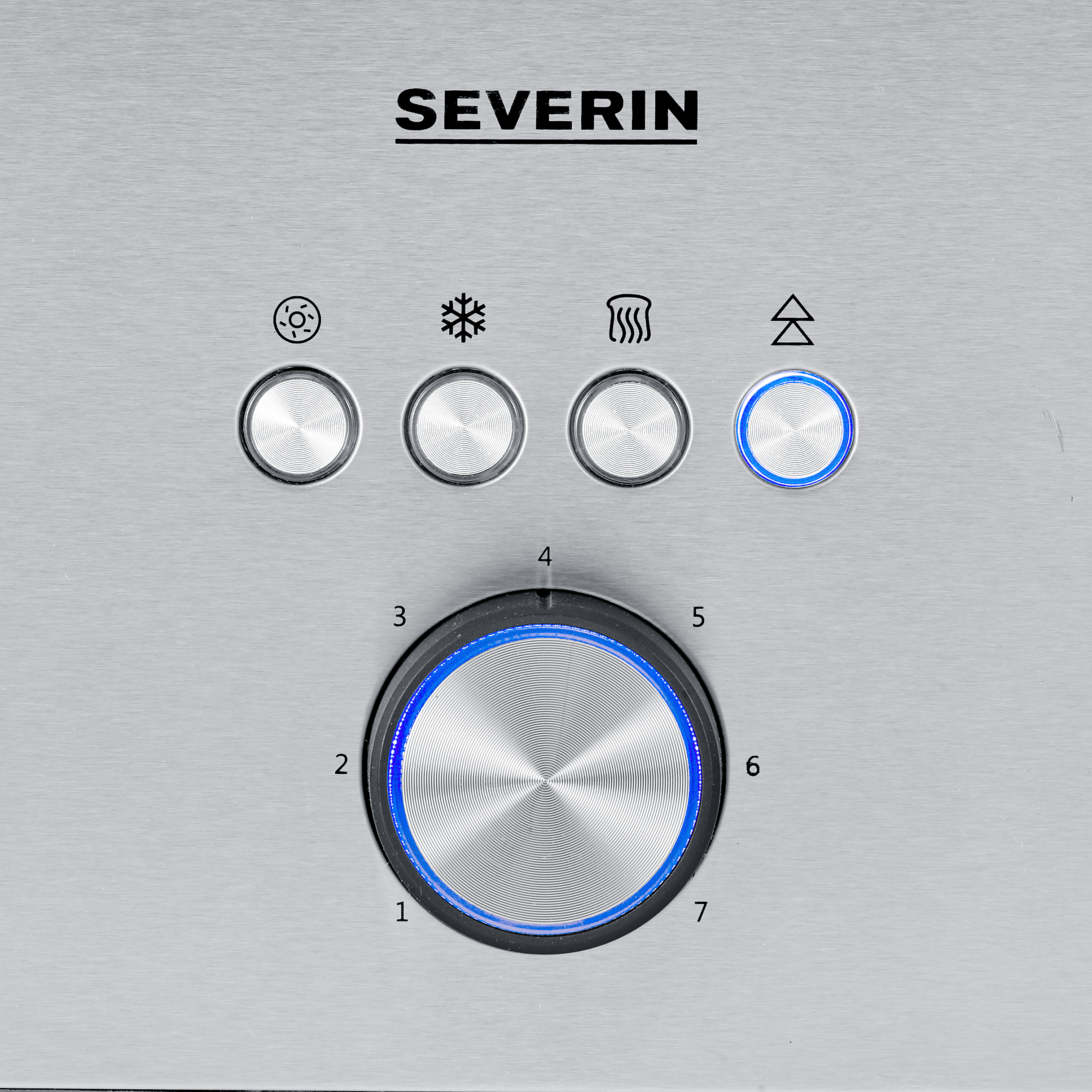 Silver SEVERIN toaster with control buttons. Buttons for defrost, reheat, and browning.