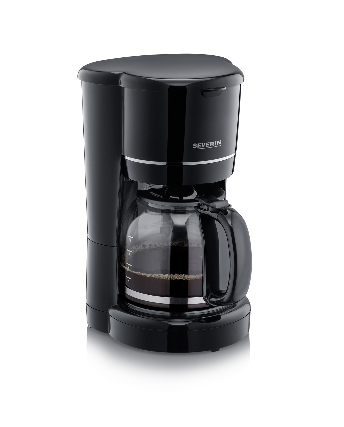 A black coffee maker. It has a glass carafe with coffee inside.