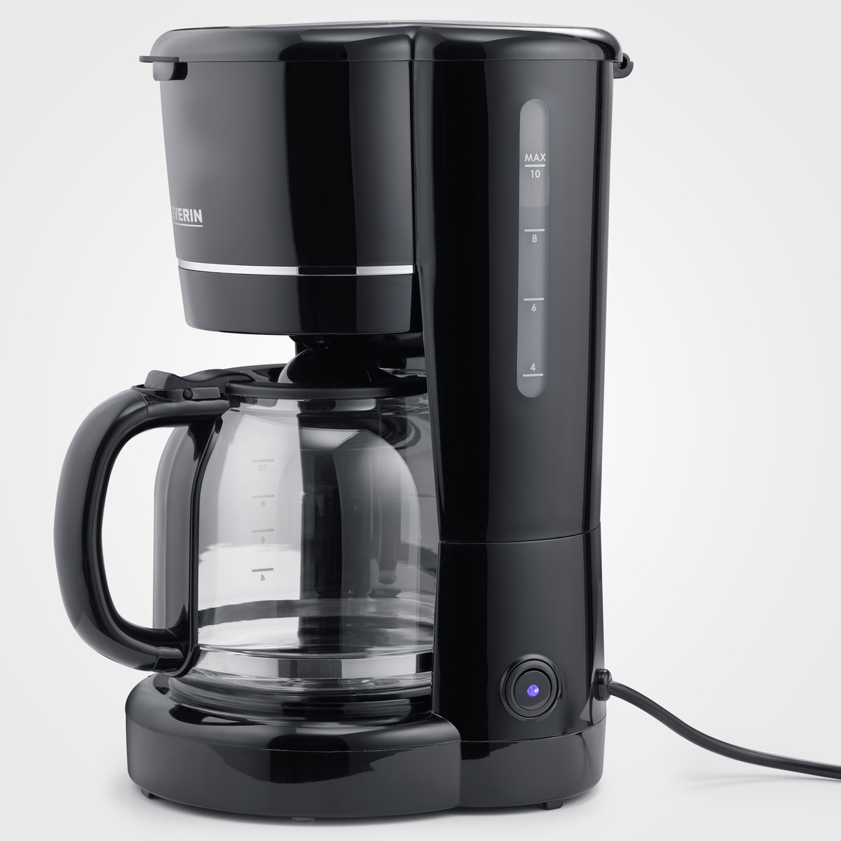 Black coffee maker with a glass carafe, water level markings, and a blue power light.