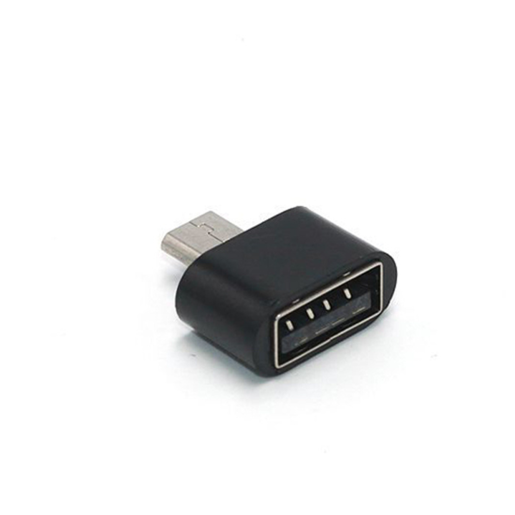 Schwarzer USB-zu-Micro-USB-Adapter auf weißem Hintergrund. Er ist klein und rechteckig.