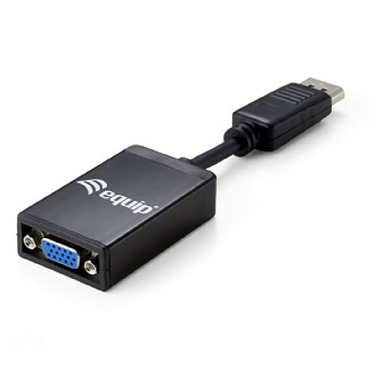 Schwarzer VGA-zu-USB-Adapter. Isoliert auf weißem Hintergrund. Equip-Logo auf dem Adapter.