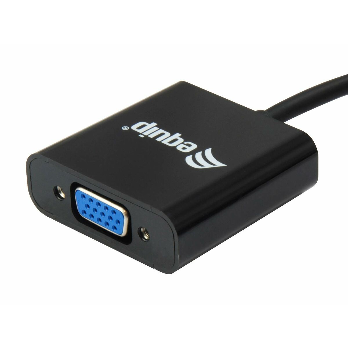 Schwarzer VGA-Adapter mit blauem Stecker, nach links abgewinkelt. Der Markenname 'equipa' ist sichtbar.