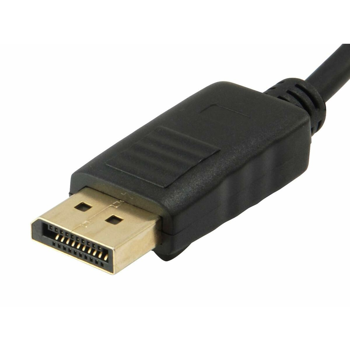 Nahaufnahme eines schwarzen DisplayPort-Kabelanschlusses. Weißer Hintergrund, der den Anschluss zeigt.