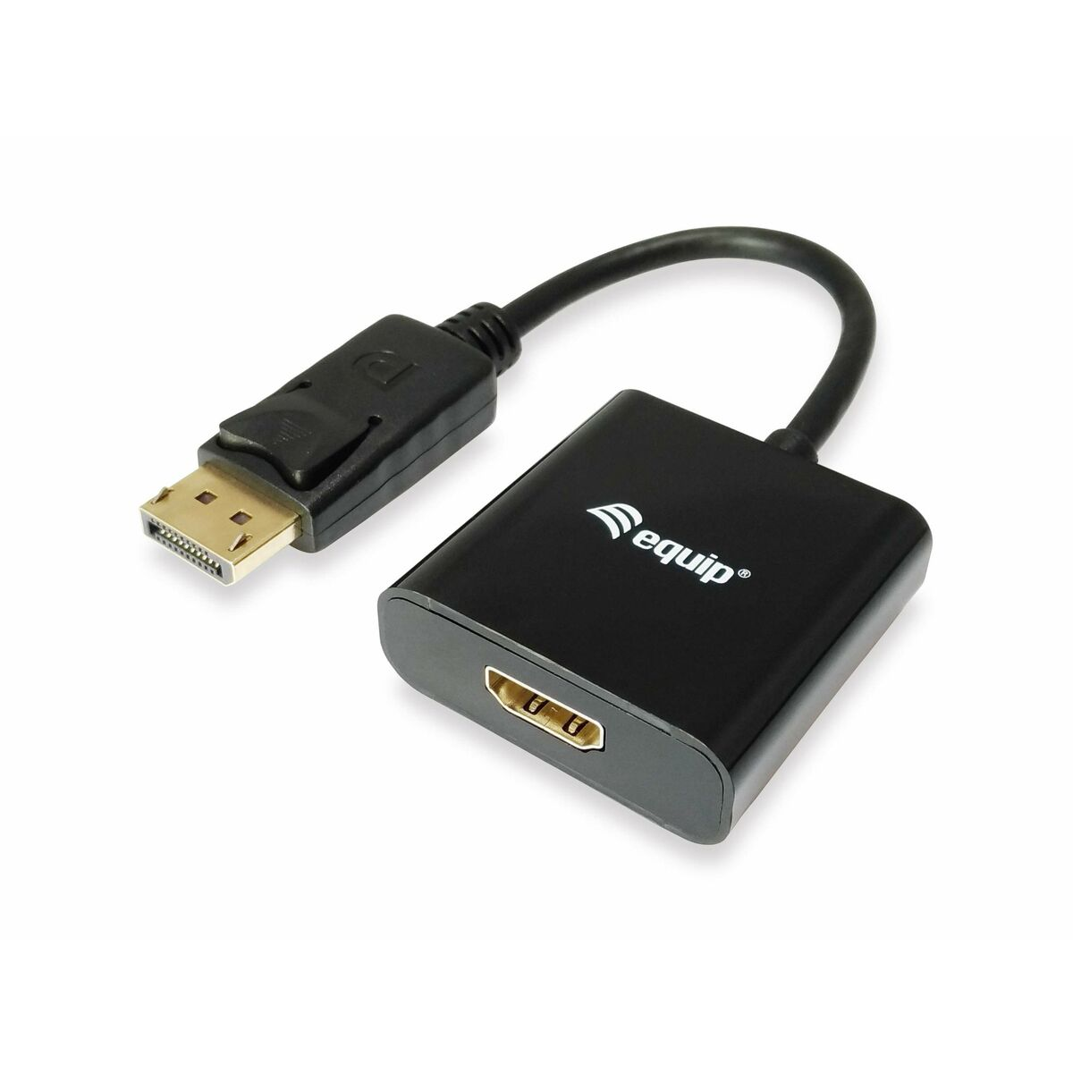 Un adaptateur HDMI vers DisplayPort noir. Il possède un corps rectangulaire noir avec des connecteurs HDMI et DisplayPort.