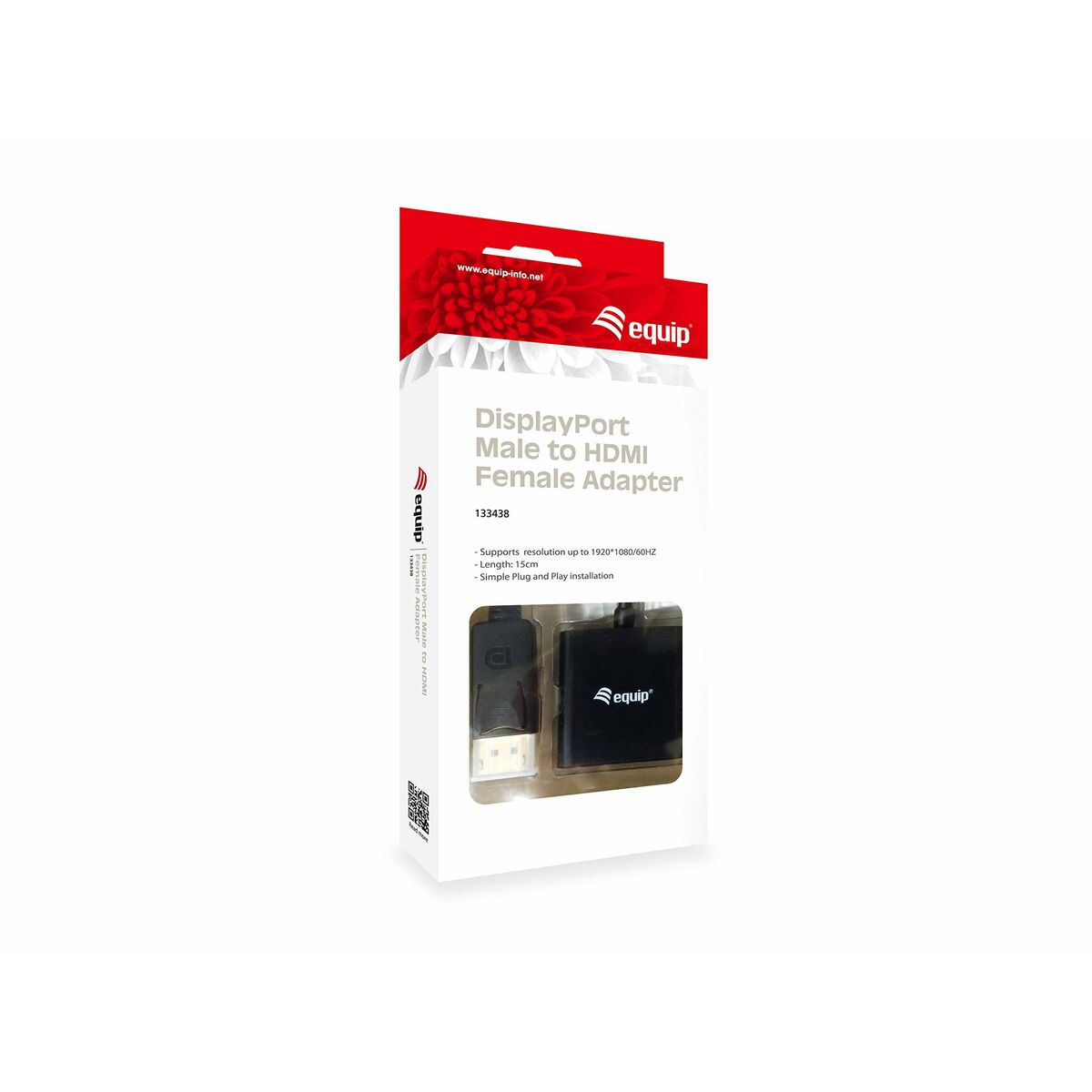 Une boîte d'adaptateur DisplayPort vers HDMI, avec l'adaptateur montré.