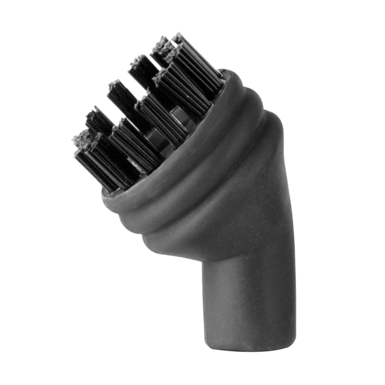 Czarna głowica szczotki do czyszczenia parą, pod kątem, na białym tle. Włosie skierowane jest do góry.