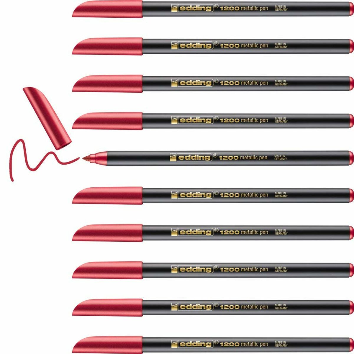 Rote Edding 1200 Metallic-Stifte. Ein Stift ist offen mit einer roten Linie. Die anderen sind geschlossen.
