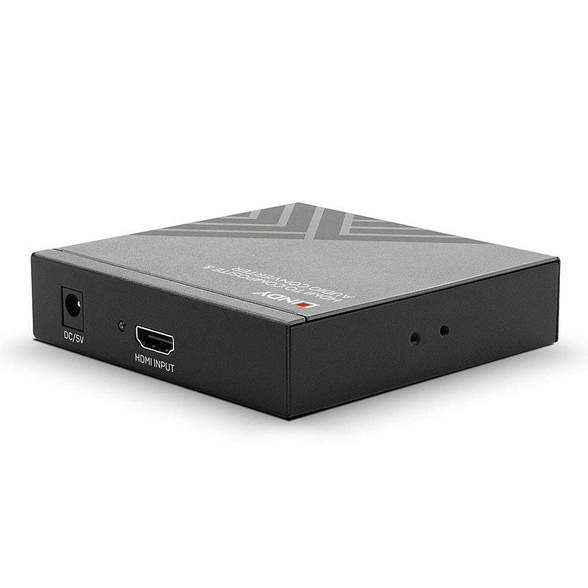 Schwarzer HDMI-Audio-Konverter. Er hat HDMI-Eingang und DC/5V-Anschlüsse.