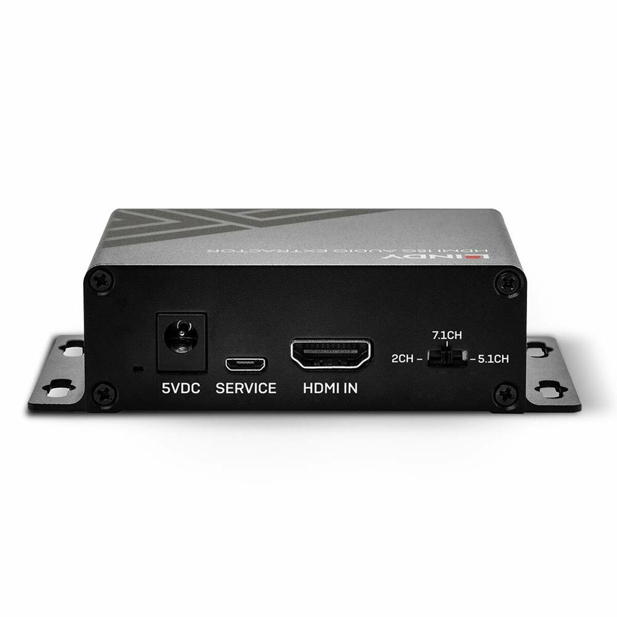 Ein schwarzer HDMI-Audioextraktor mit mehreren Anschlüssen wird vor weißem Hintergrund gezeigt. Etiketten sind sichtbar.