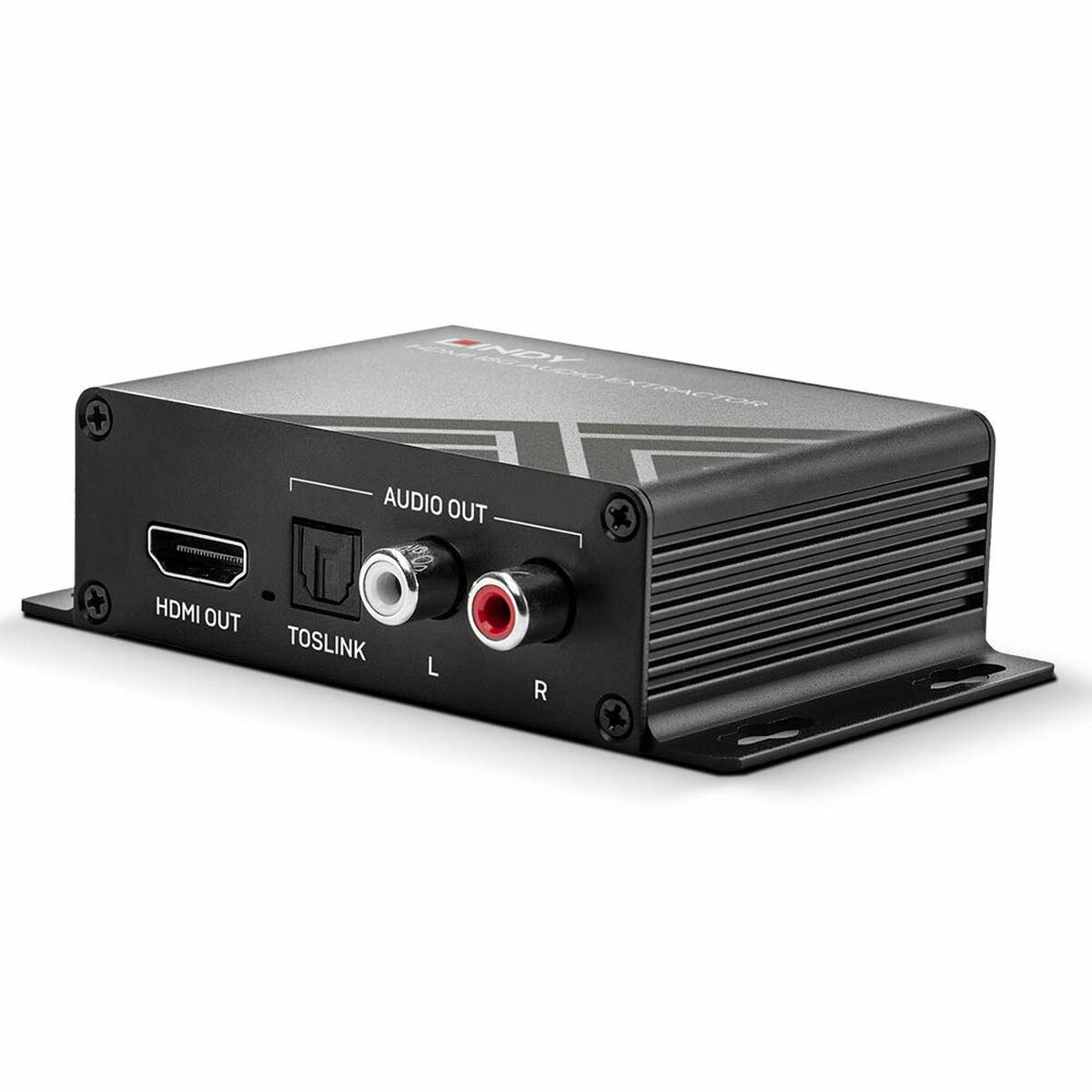 Schwarzer HDMI-Audio-Extraktor mit beschrifteten Ein- und Ausgängen, auf Weiß.
