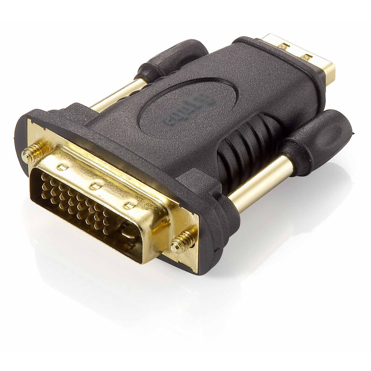Schwarzer und goldener DVI-zu-HDMI-Adapter auf weißer Oberfläche. Goldene Pins sichtbar.