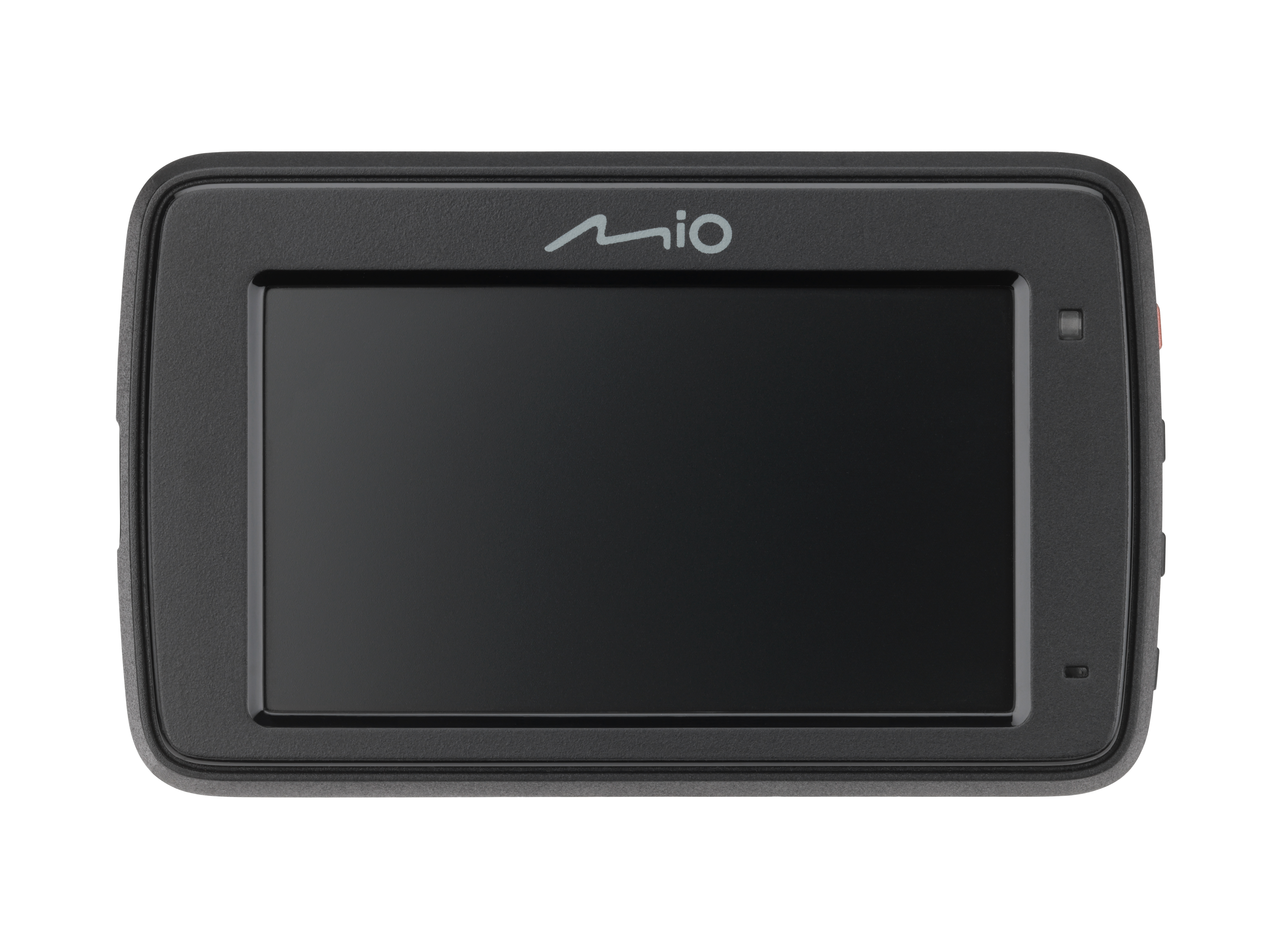 Eine schwarze Dashcam mit Bildschirm. Sie hat ein Mio-Logo oben. Der Hintergrund ist weiß.