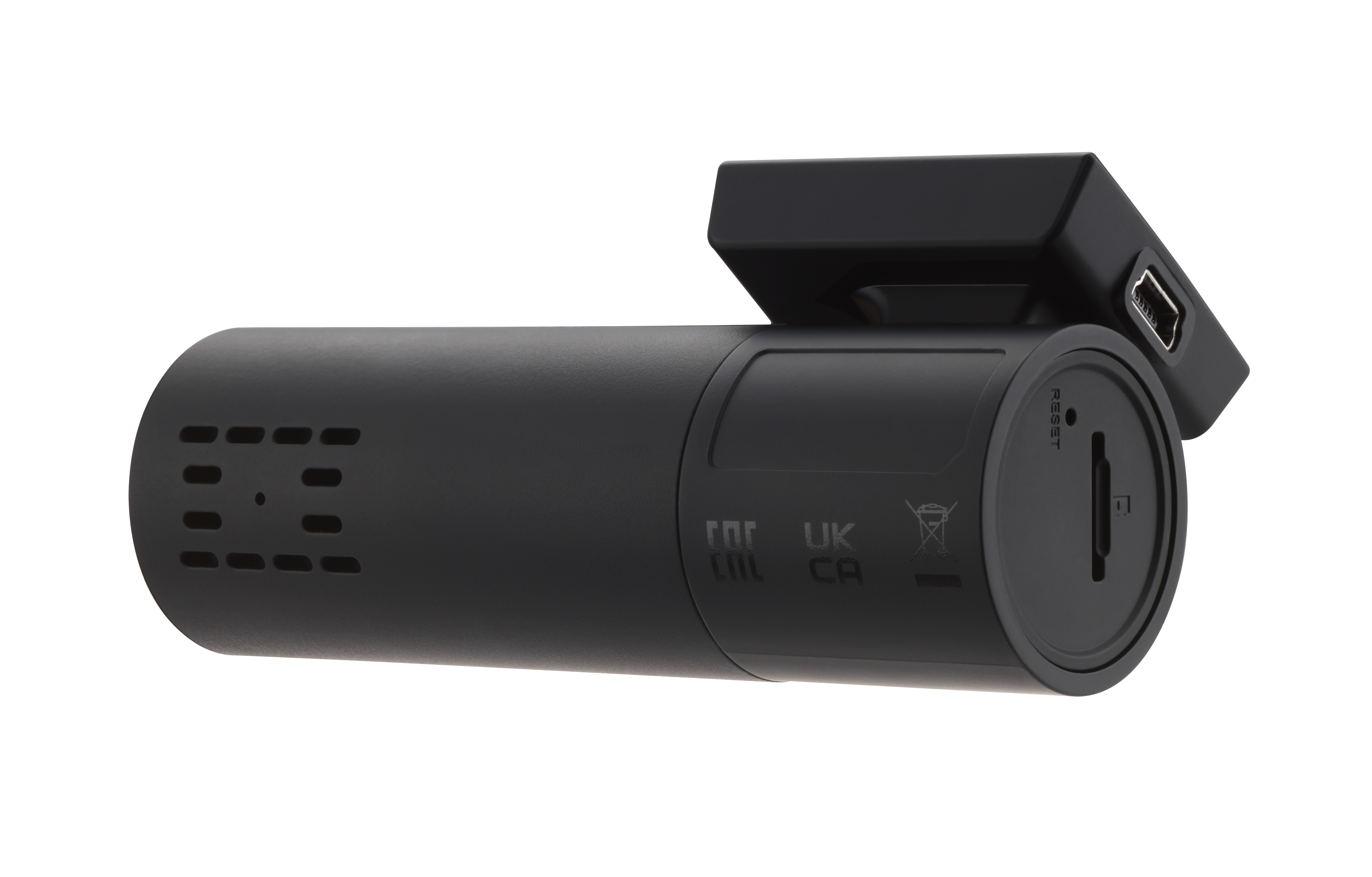Een zwarte dashcam met een klein scherm en een USB-poort. Het apparaat staat op een witte achtergrond.